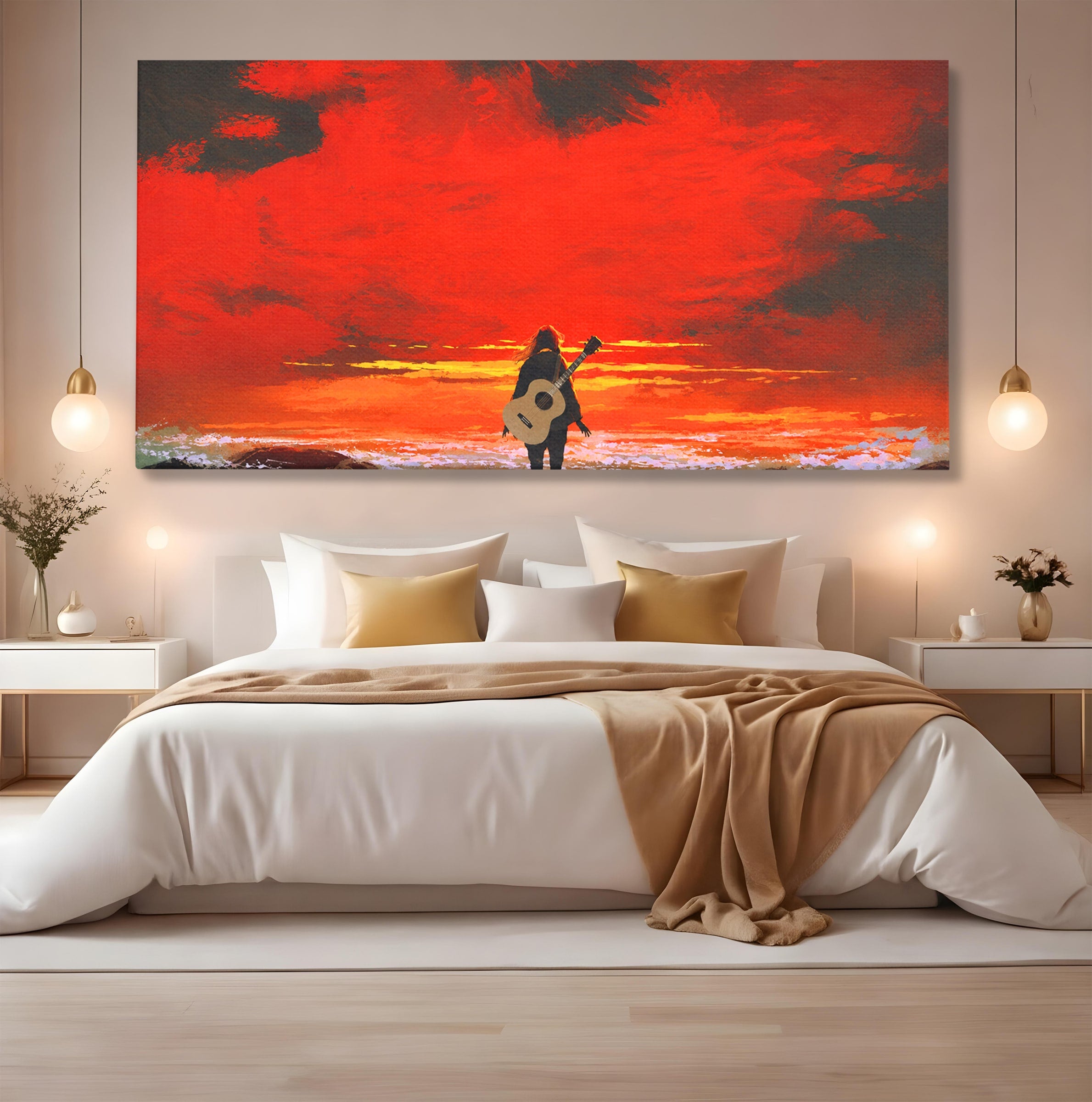 Tablou Canvas Premium LuxCanva® R1028, Chitara La Apus, Chitara, Apus, Ocean, Singuratate, Peisaj, Living, Dormitor, Culori Vibrante