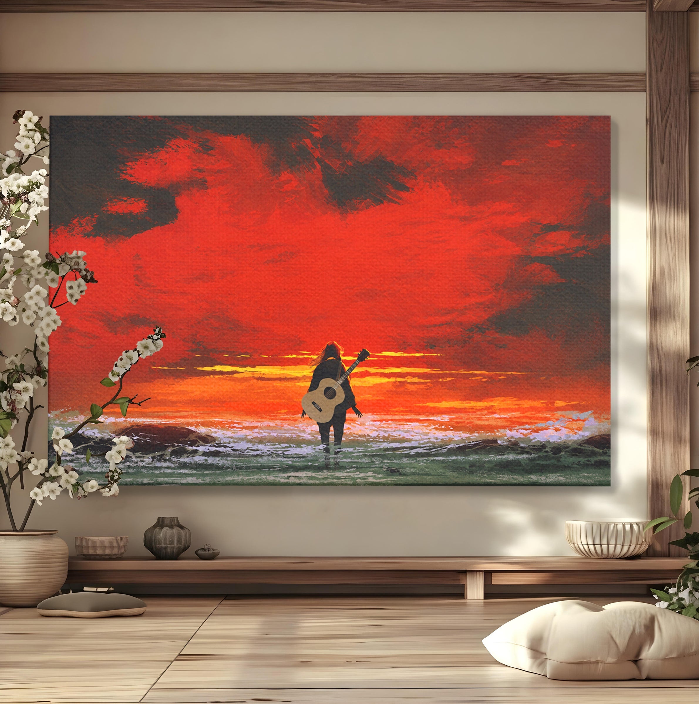 Tablou Canvas Premium LuxCanva® R1028, Chitara La Apus, Chitara, Apus, Ocean, Singuratate, Peisaj, Living, Dormitor, Culori Vibrante