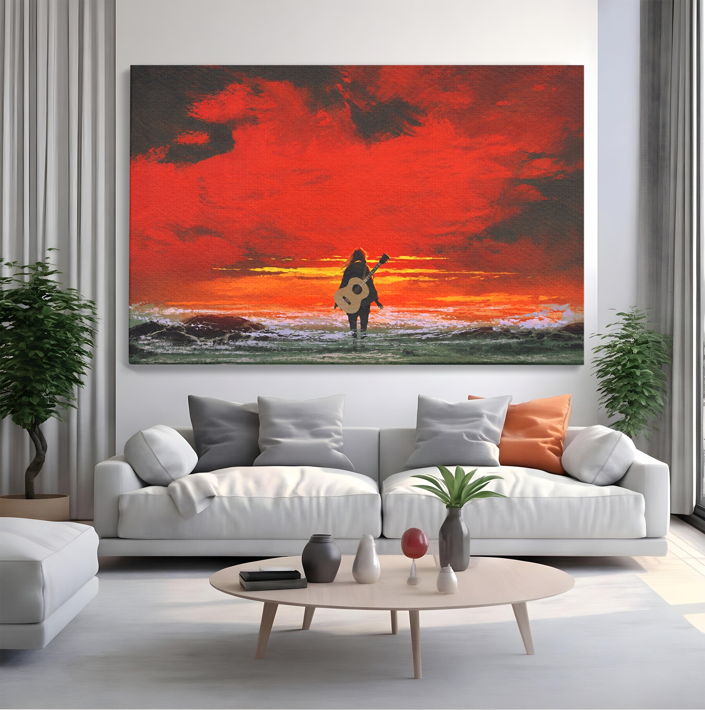 Tablou Canvas Premium LuxCanva® R1028, Chitara La Apus, Chitara, Apus, Ocean, Singuratate, Peisaj, Living, Dormitor, Culori Vibrante
