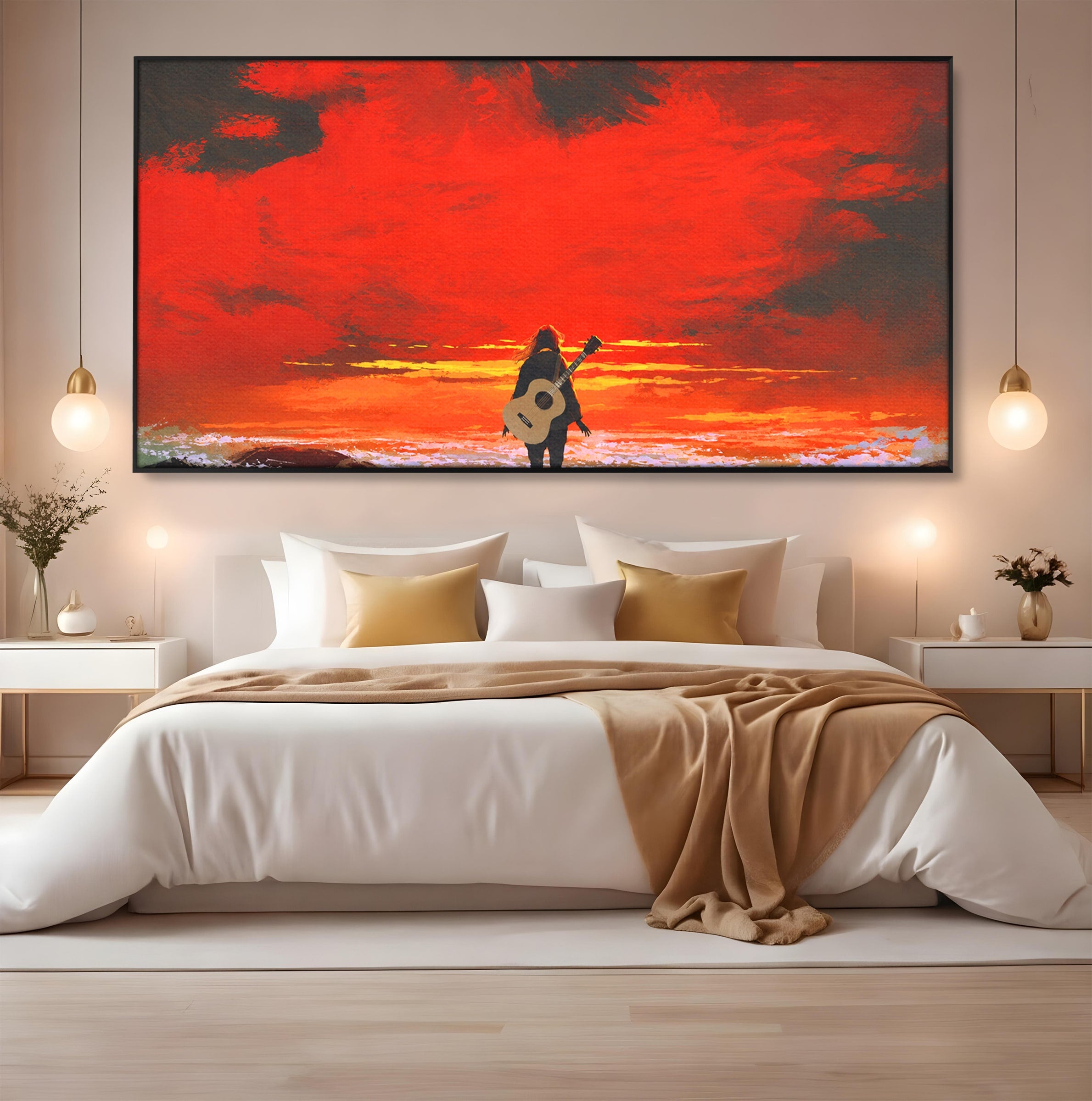 Tablou Canvas Premium LuxCanva® R1028, Chitara La Apus, Chitara, Apus, Ocean, Singuratate, Peisaj, Living, Dormitor, Culori Vibrante
