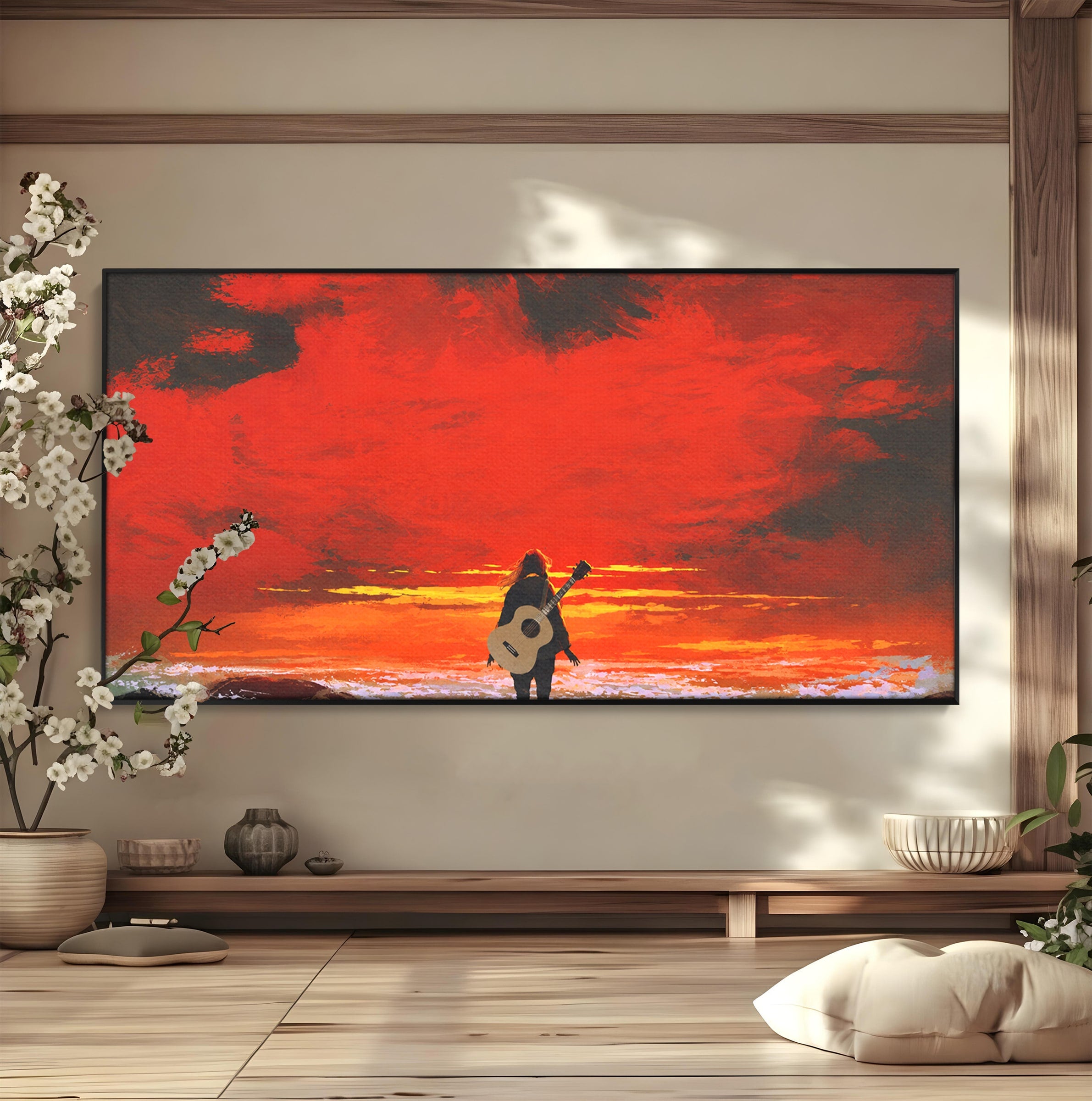 Tablou Canvas Premium LuxCanva® R1028, Chitara La Apus, Chitara, Apus, Ocean, Singuratate, Peisaj, Living, Dormitor, Culori Vibrante