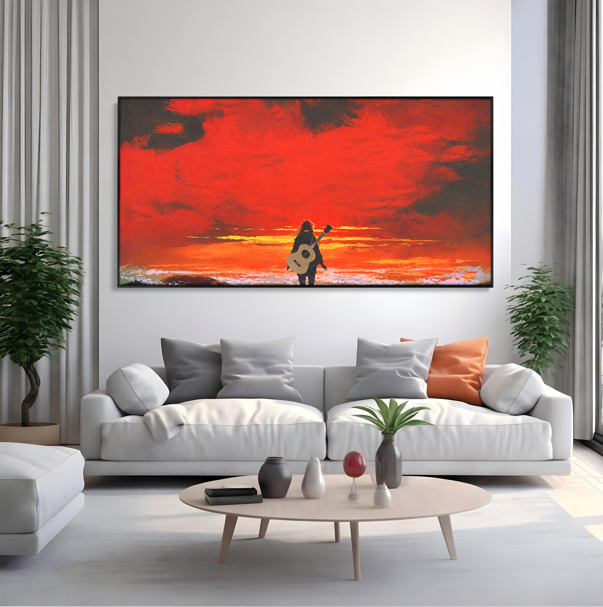 Tablou Canvas Premium LuxCanva® R1028, Chitara La Apus, Chitara, Apus, Ocean, Singuratate, Peisaj, Living, Dormitor, Culori Vibrante
