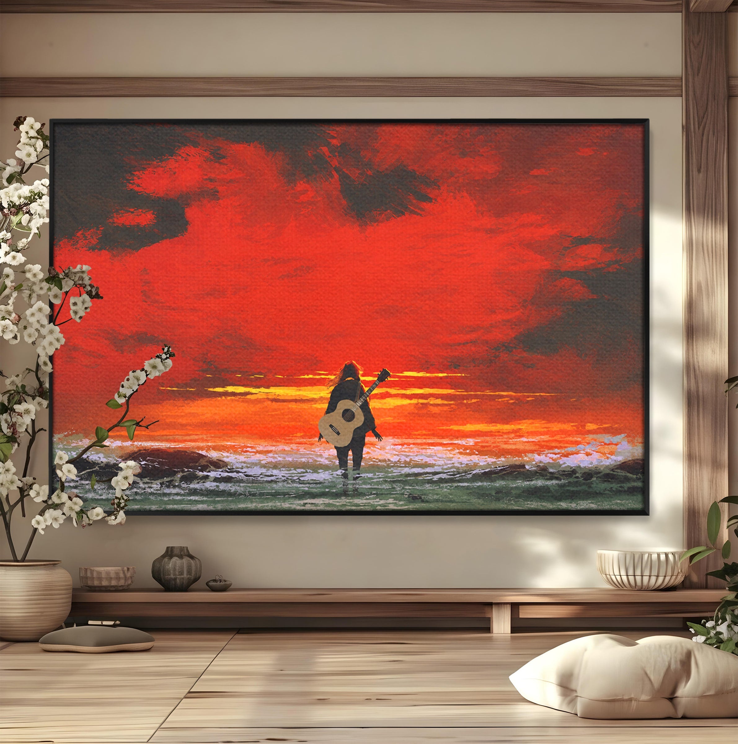 Tablou Canvas Premium LuxCanva® R1028, Chitara La Apus, Chitara, Apus, Ocean, Singuratate, Peisaj, Living, Dormitor, Culori Vibrante