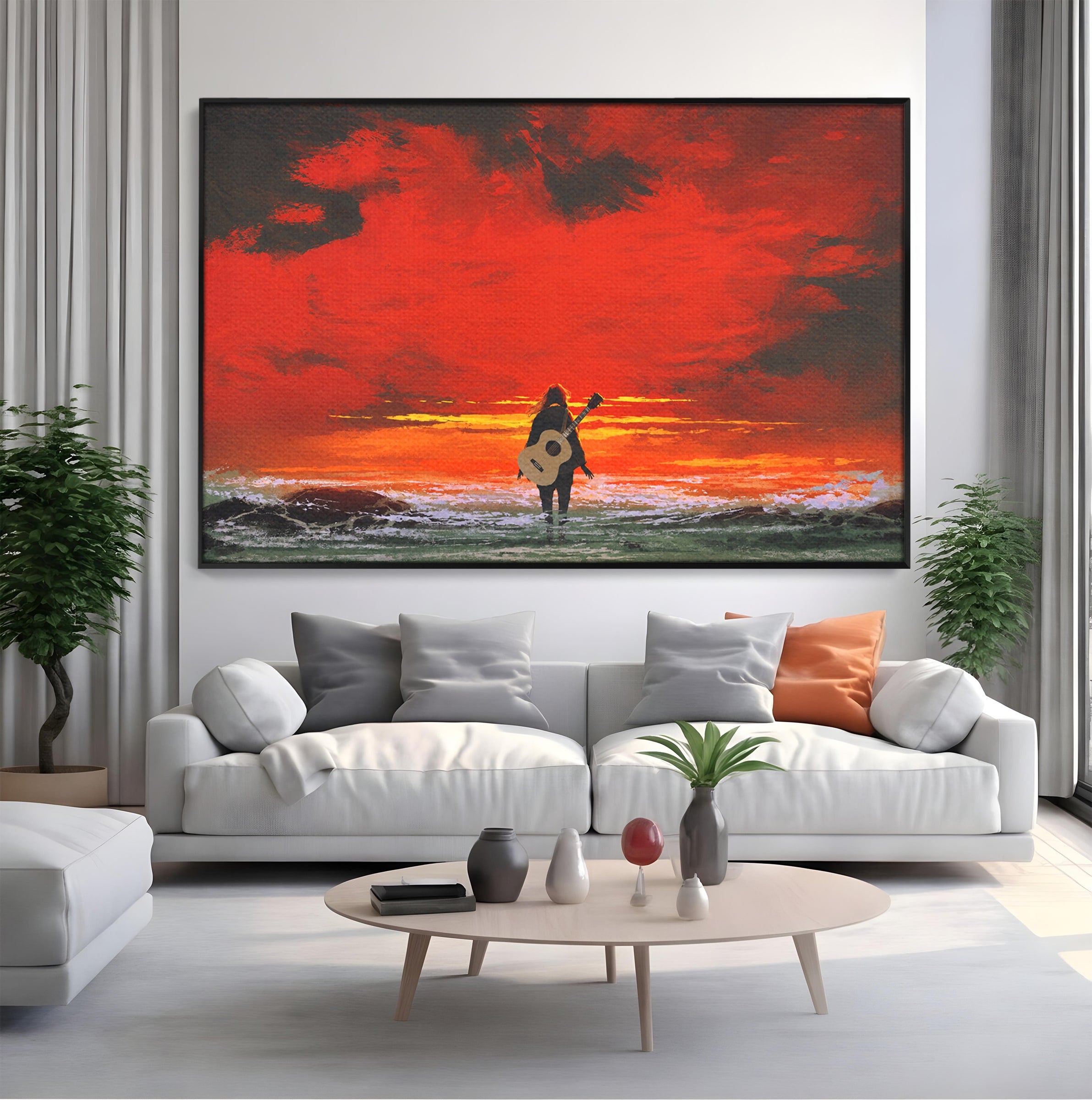 Tablou Canvas Premium LuxCanva® R1028, Chitara La Apus, Chitara, Apus, Ocean, Singuratate, Peisaj, Living, Dormitor, Culori Vibrante