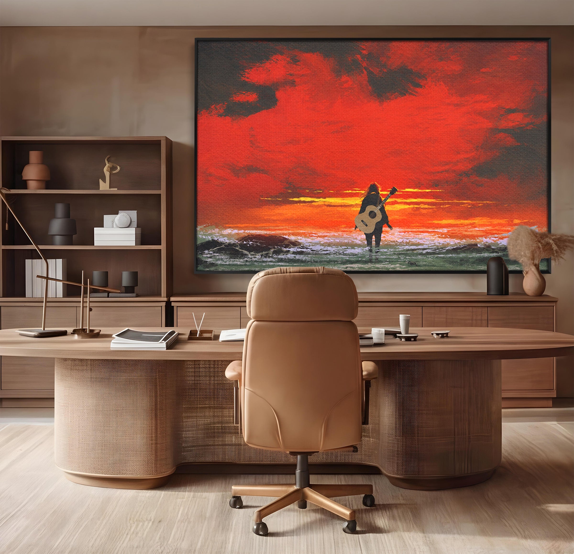 Tablou Canvas Premium LuxCanva® R1028, Chitara La Apus, Chitara, Apus, Ocean, Singuratate, Peisaj, Living, Dormitor, Culori Vibrante
