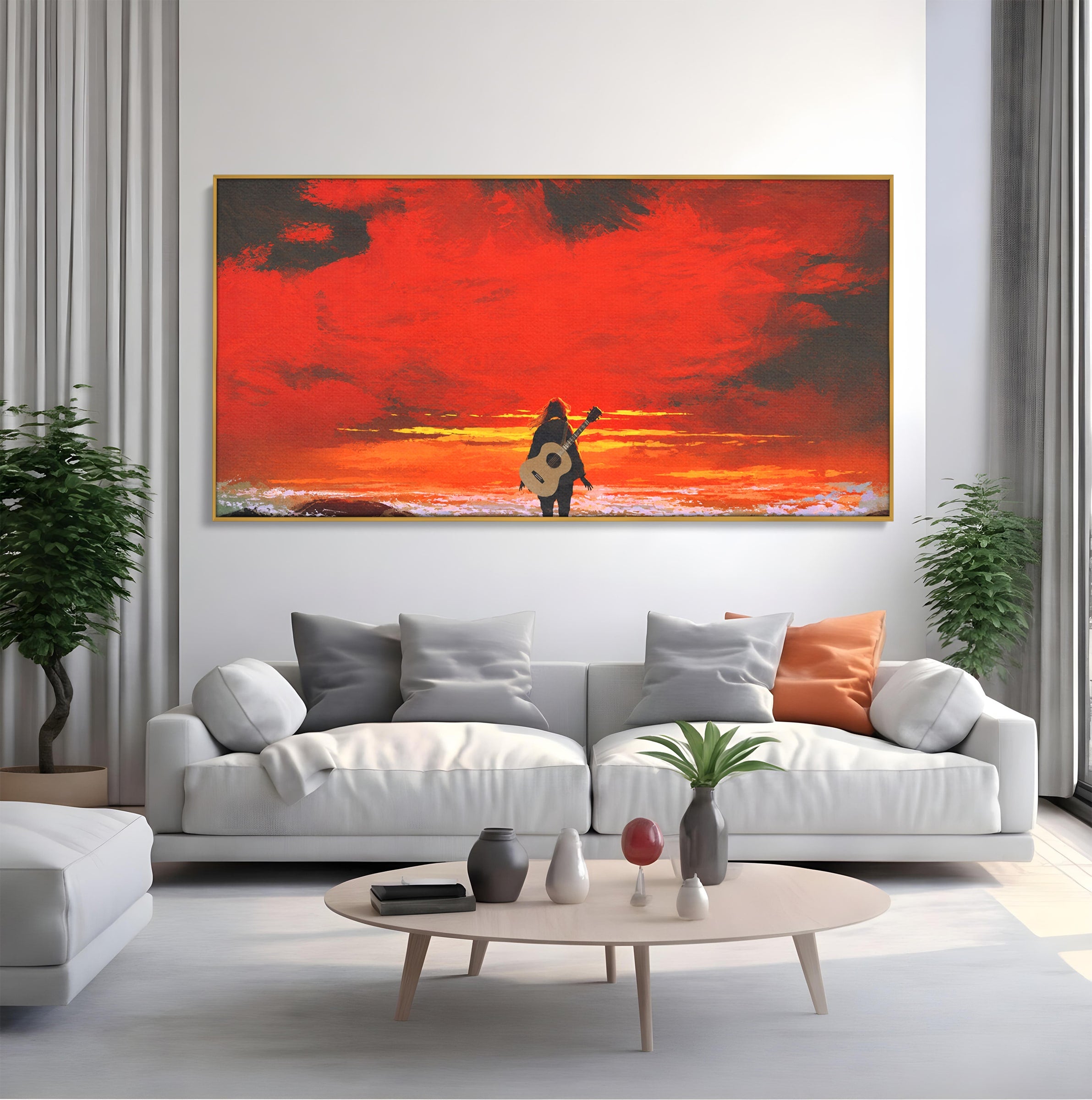 Tablou Canvas Premium LuxCanva® R1028, Chitara La Apus, Chitara, Apus, Ocean, Singuratate, Peisaj, Living, Dormitor, Culori Vibrante