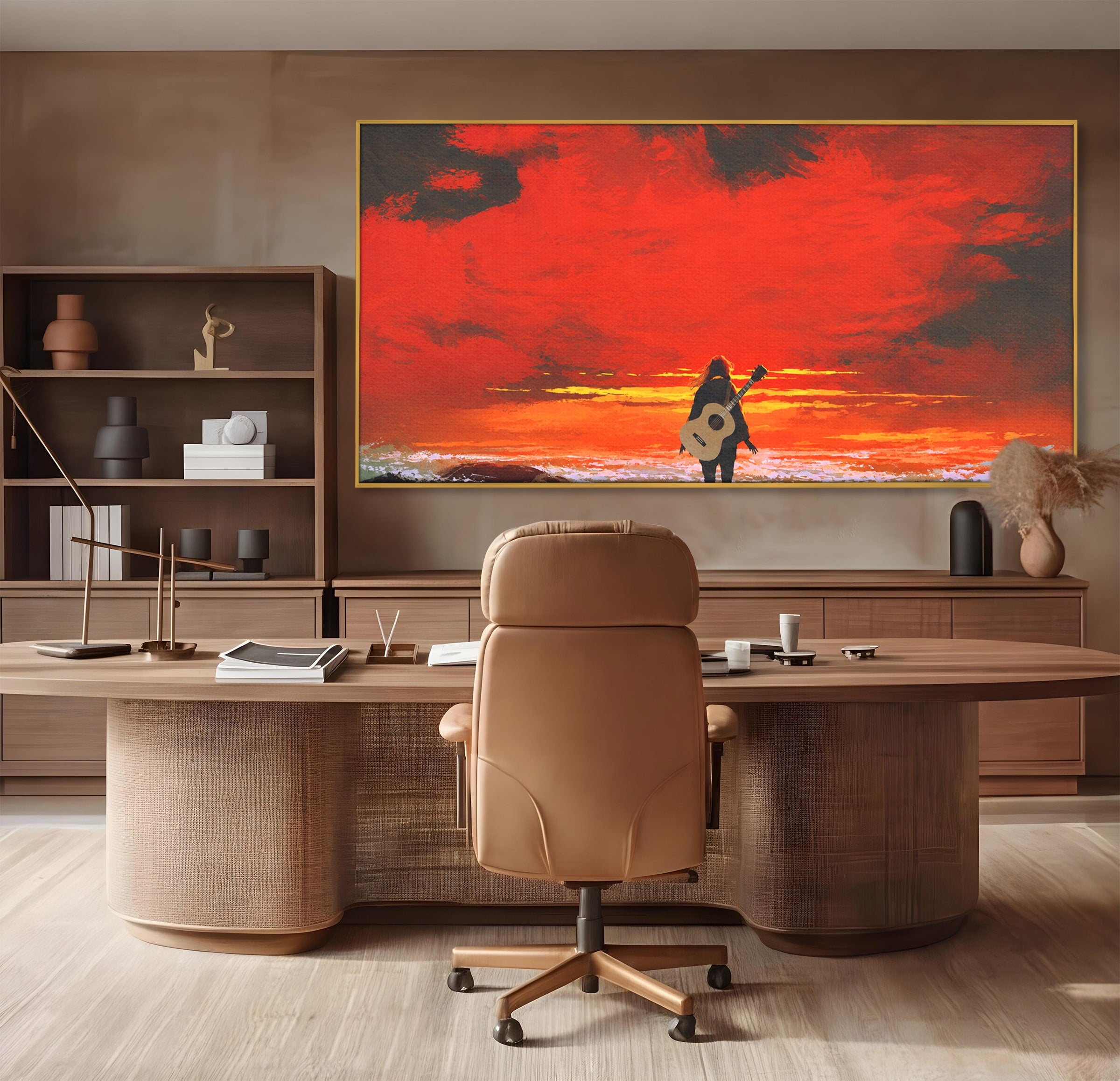Tablou Canvas Premium LuxCanva® R1028, Chitara La Apus, Chitara, Apus, Ocean, Singuratate, Peisaj, Living, Dormitor, Culori Vibrante