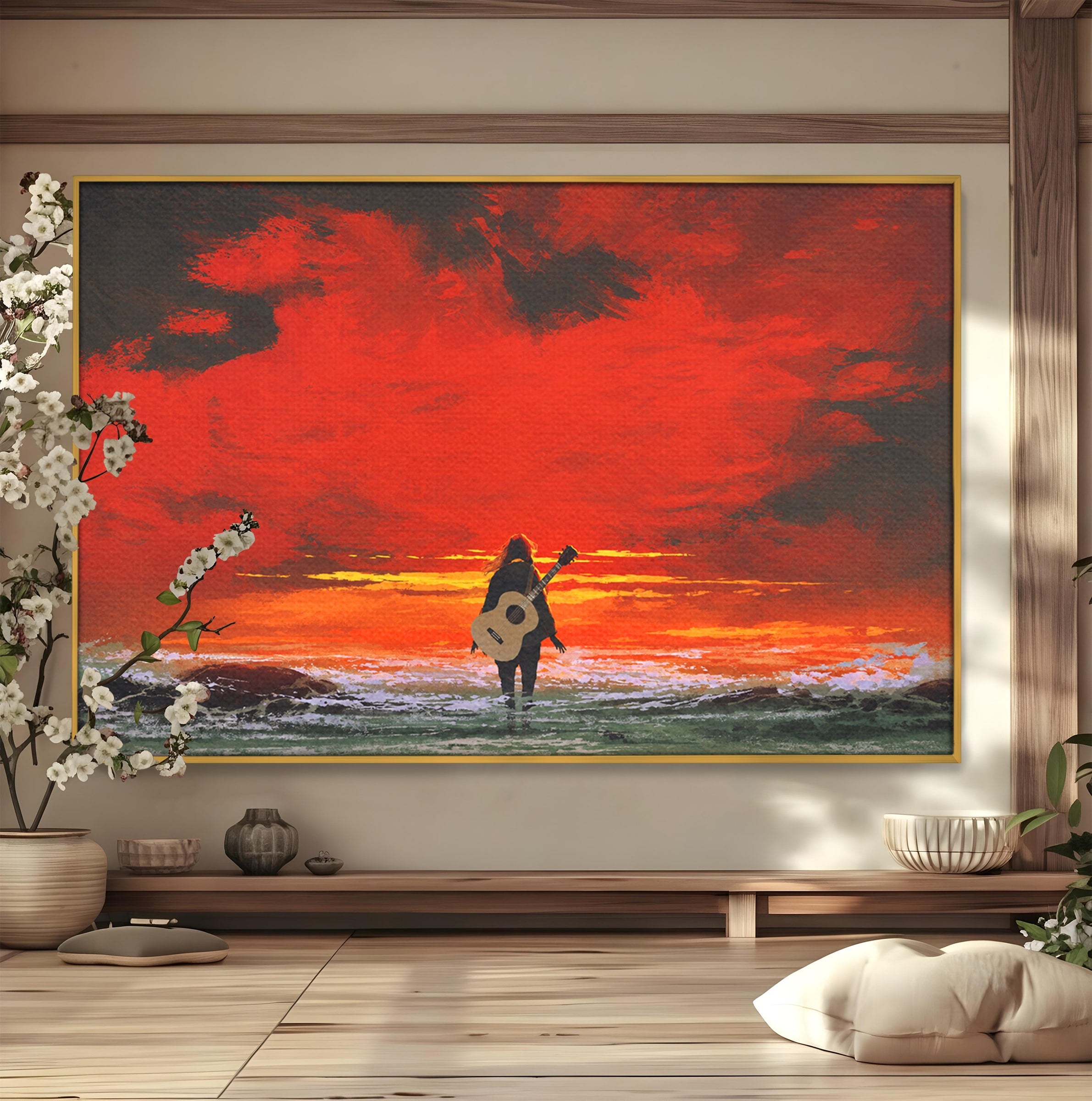 Tablou Canvas Premium LuxCanva® R1028, Chitara La Apus, Chitara, Apus, Ocean, Singuratate, Peisaj, Living, Dormitor, Culori Vibrante