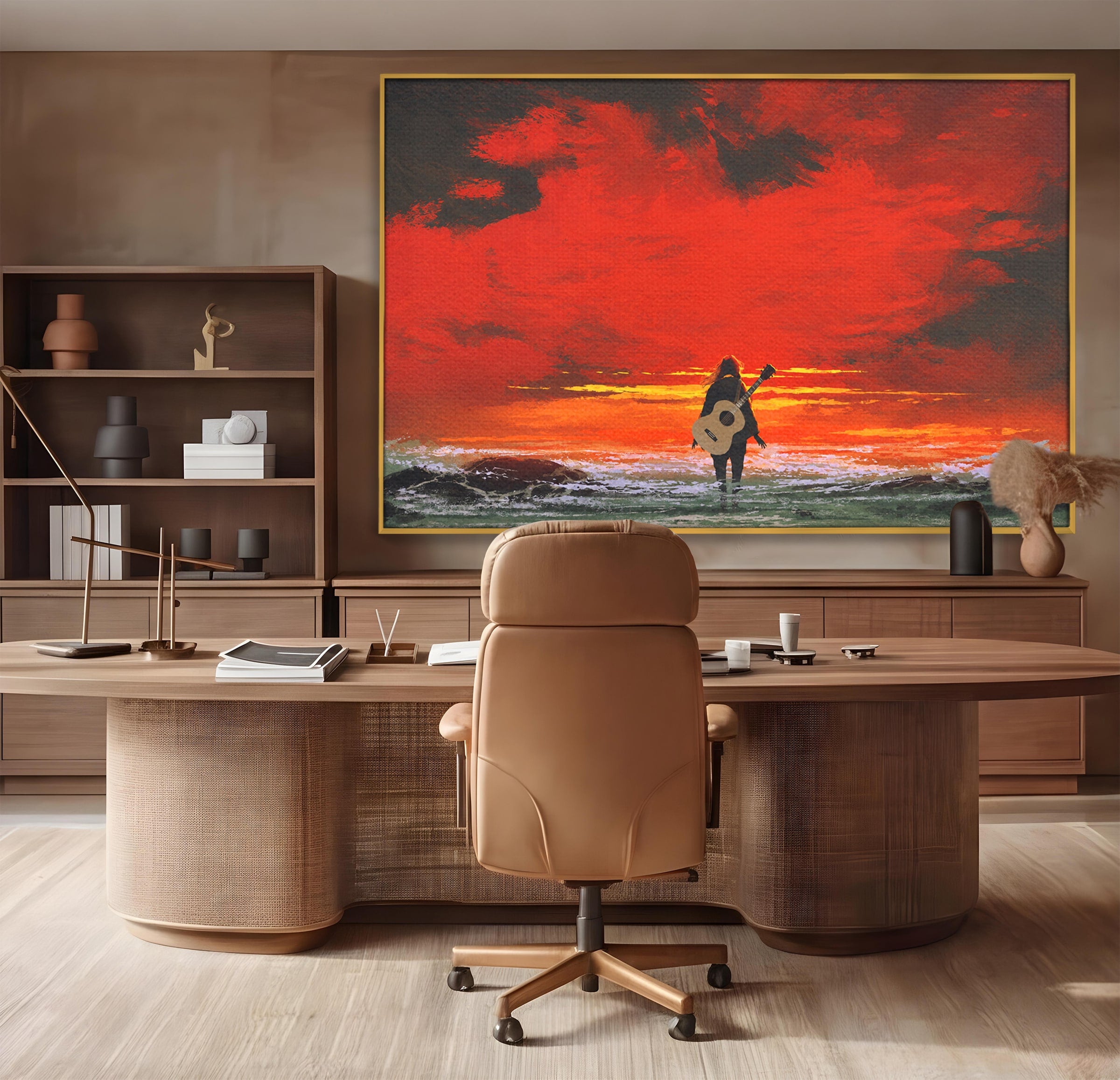 Tablou Canvas Premium LuxCanva® R1028, Chitara La Apus, Chitara, Apus, Ocean, Singuratate, Peisaj, Living, Dormitor, Culori Vibrante