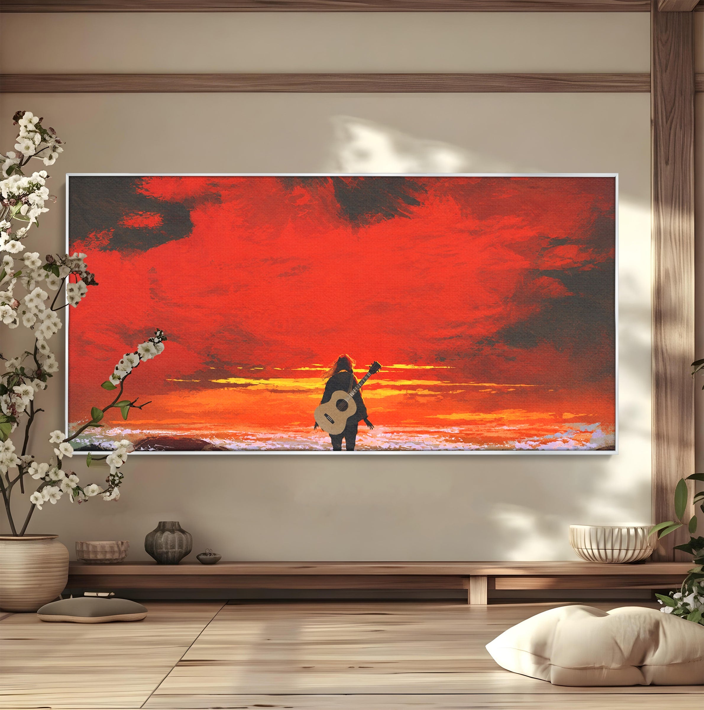 Tablou Canvas Premium LuxCanva® R1028, Chitara La Apus, Chitara, Apus, Ocean, Singuratate, Peisaj, Living, Dormitor, Culori Vibrante