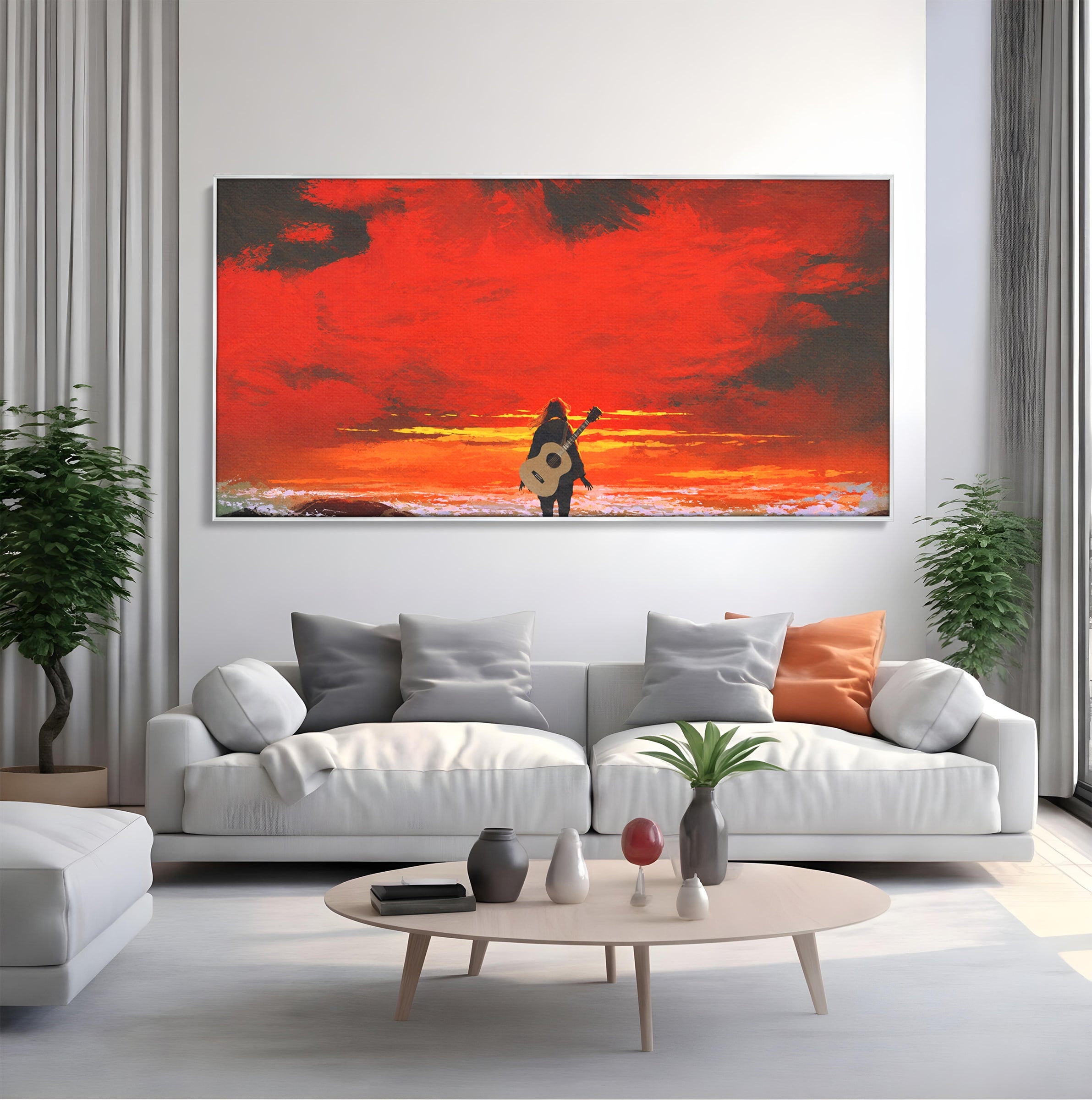 Tablou Canvas Premium LuxCanva® R1028, Chitara La Apus, Chitara, Apus, Ocean, Singuratate, Peisaj, Living, Dormitor, Culori Vibrante