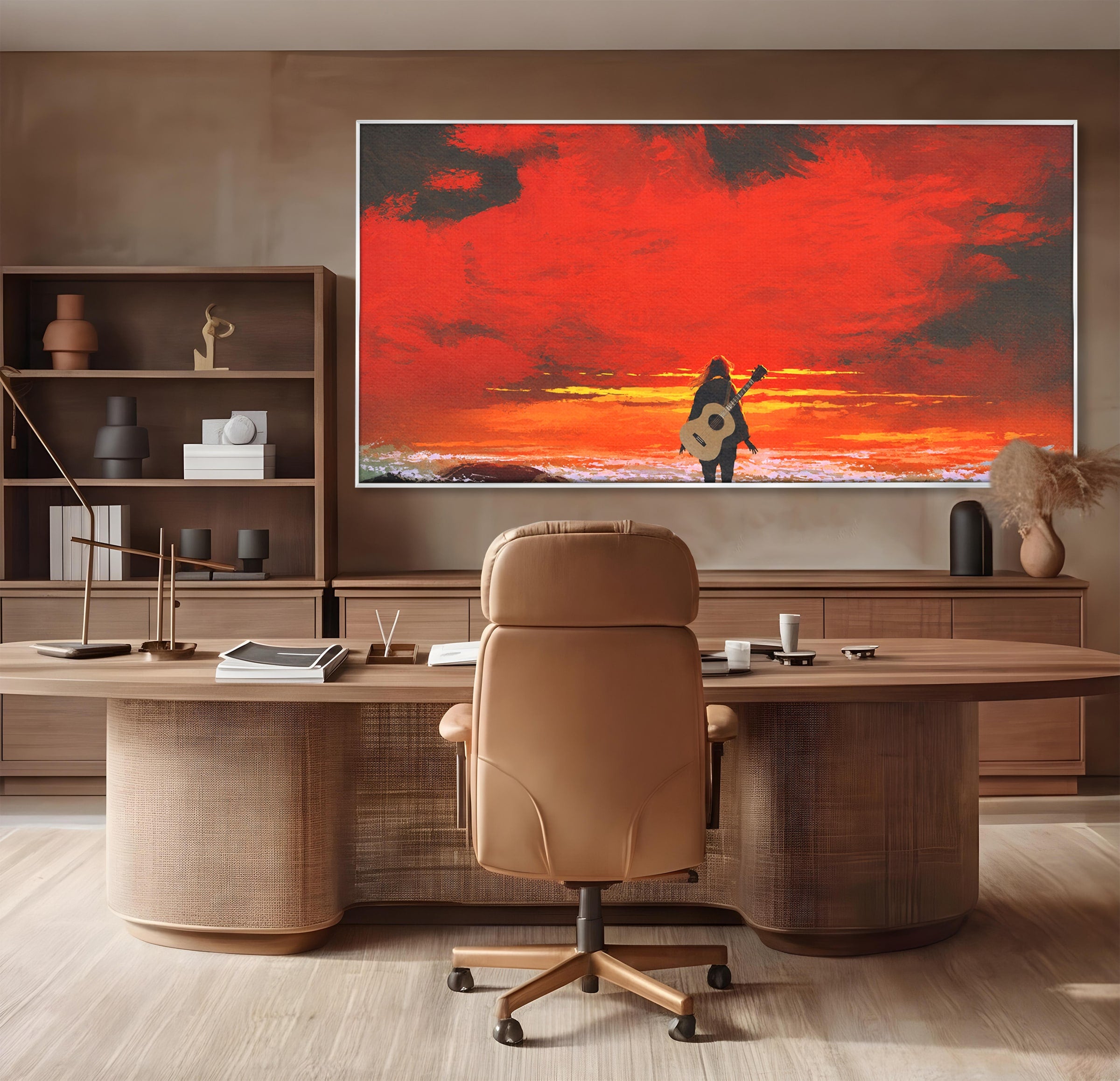 Tablou Canvas Premium LuxCanva® R1028, Chitara La Apus, Chitara, Apus, Ocean, Singuratate, Peisaj, Living, Dormitor, Culori Vibrante