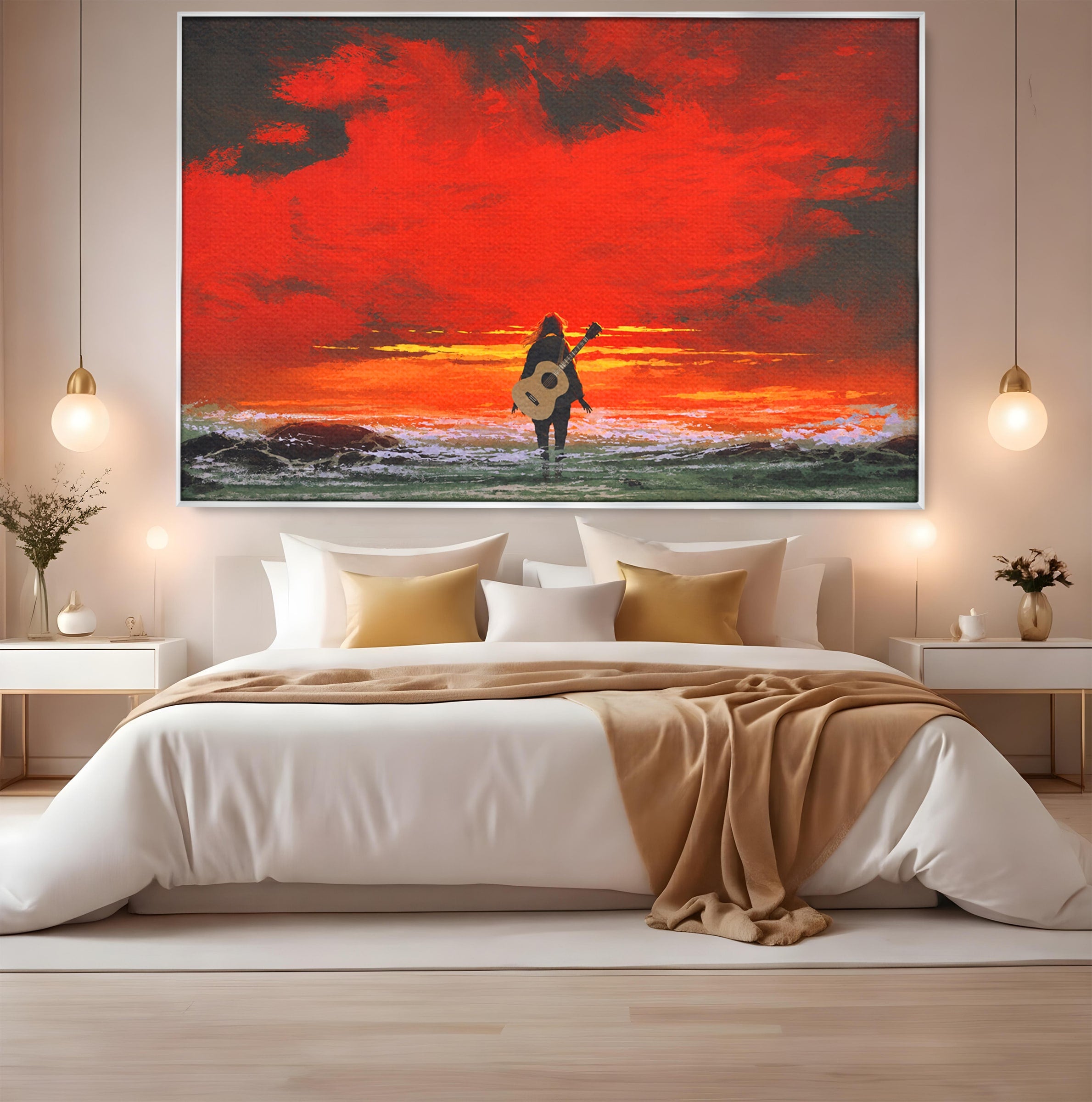 Tablou Canvas Premium LuxCanva® R1028, Chitara La Apus, Chitara, Apus, Ocean, Singuratate, Peisaj, Living, Dormitor, Culori Vibrante