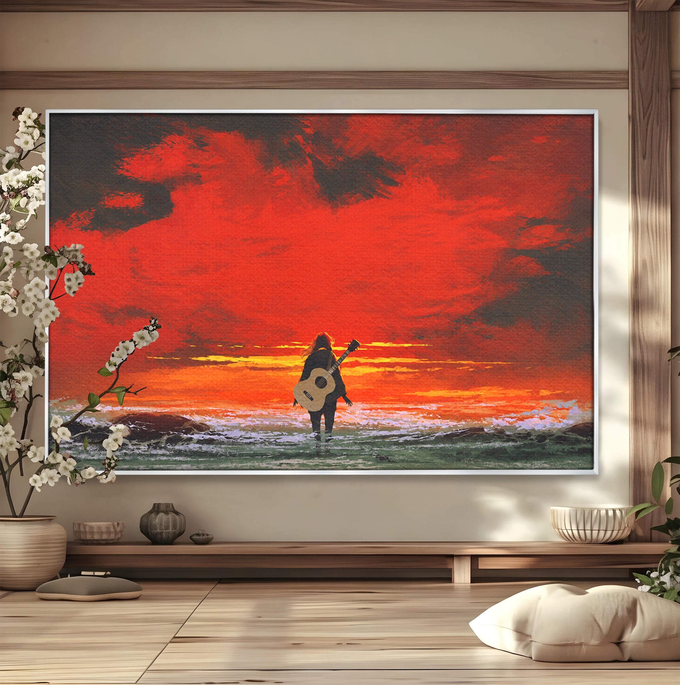 Tablou Canvas Premium LuxCanva® R1028, Chitara La Apus, Chitara, Apus, Ocean, Singuratate, Peisaj, Living, Dormitor, Culori Vibrante