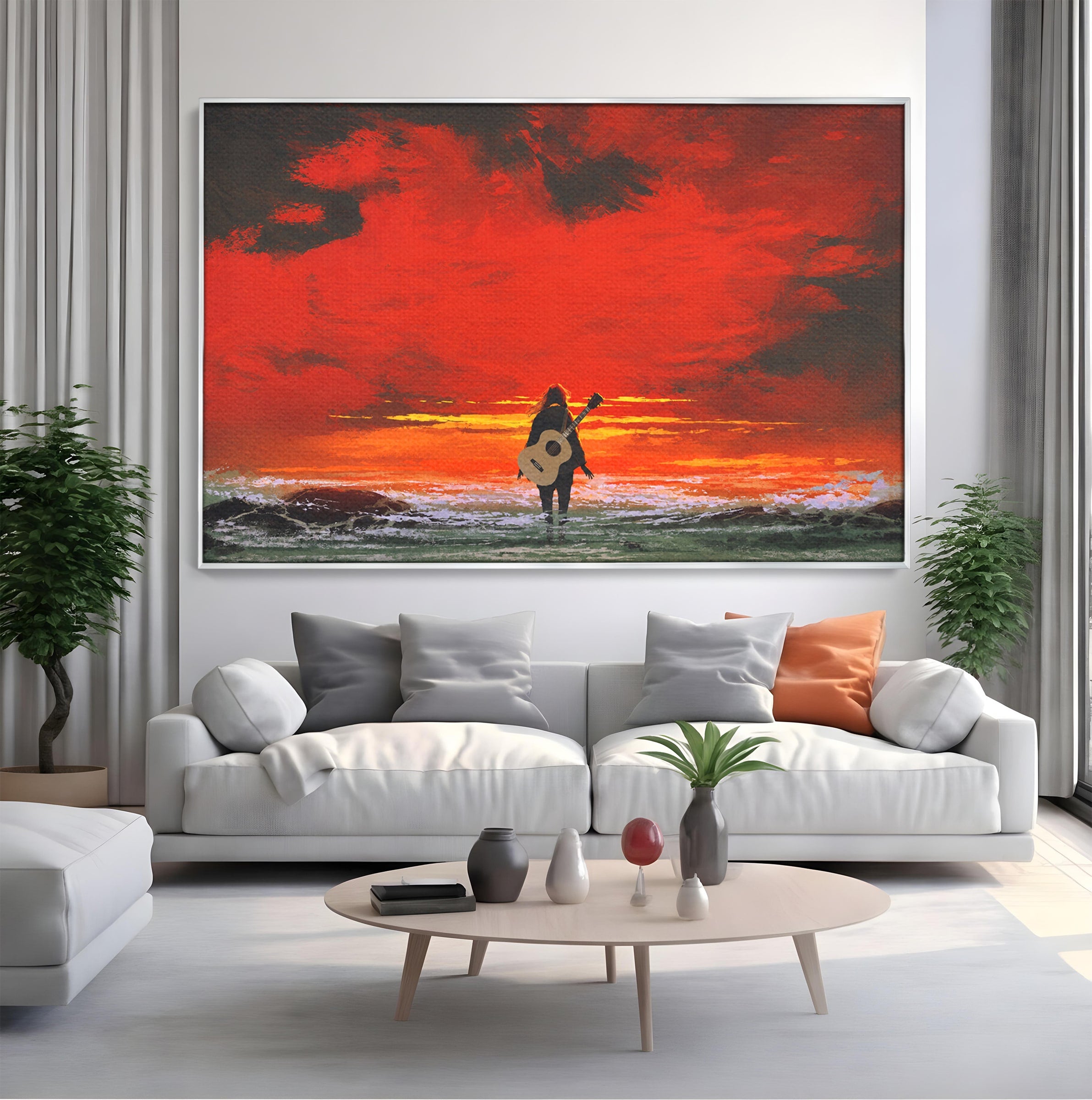 Tablou Canvas Premium LuxCanva® R1028, Chitara La Apus, Chitara, Apus, Ocean, Singuratate, Peisaj, Living, Dormitor, Culori Vibrante