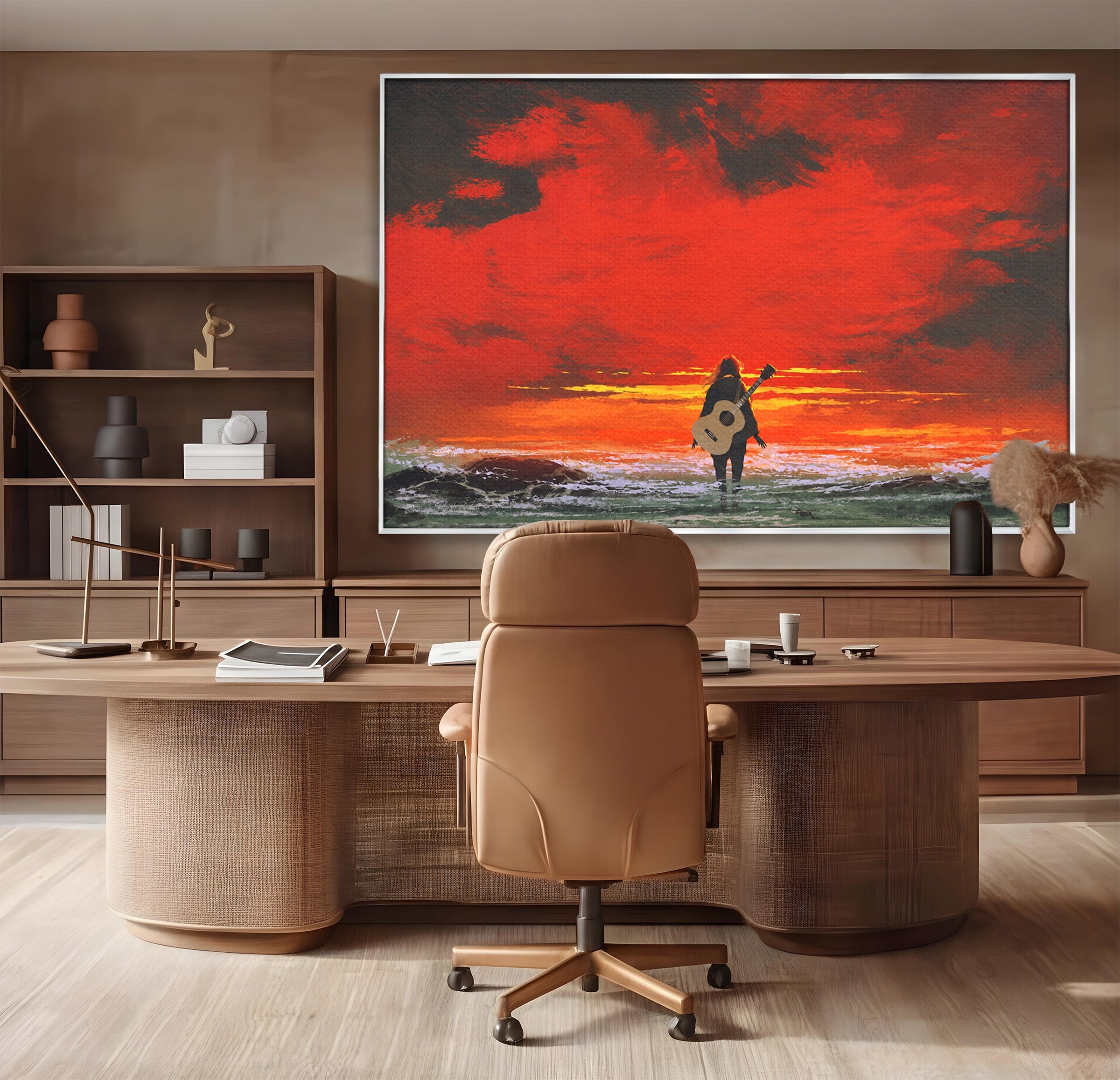 Tablou Canvas Premium LuxCanva® R1028, Chitara La Apus, Chitara, Apus, Ocean, Singuratate, Peisaj, Living, Dormitor, Culori Vibrante