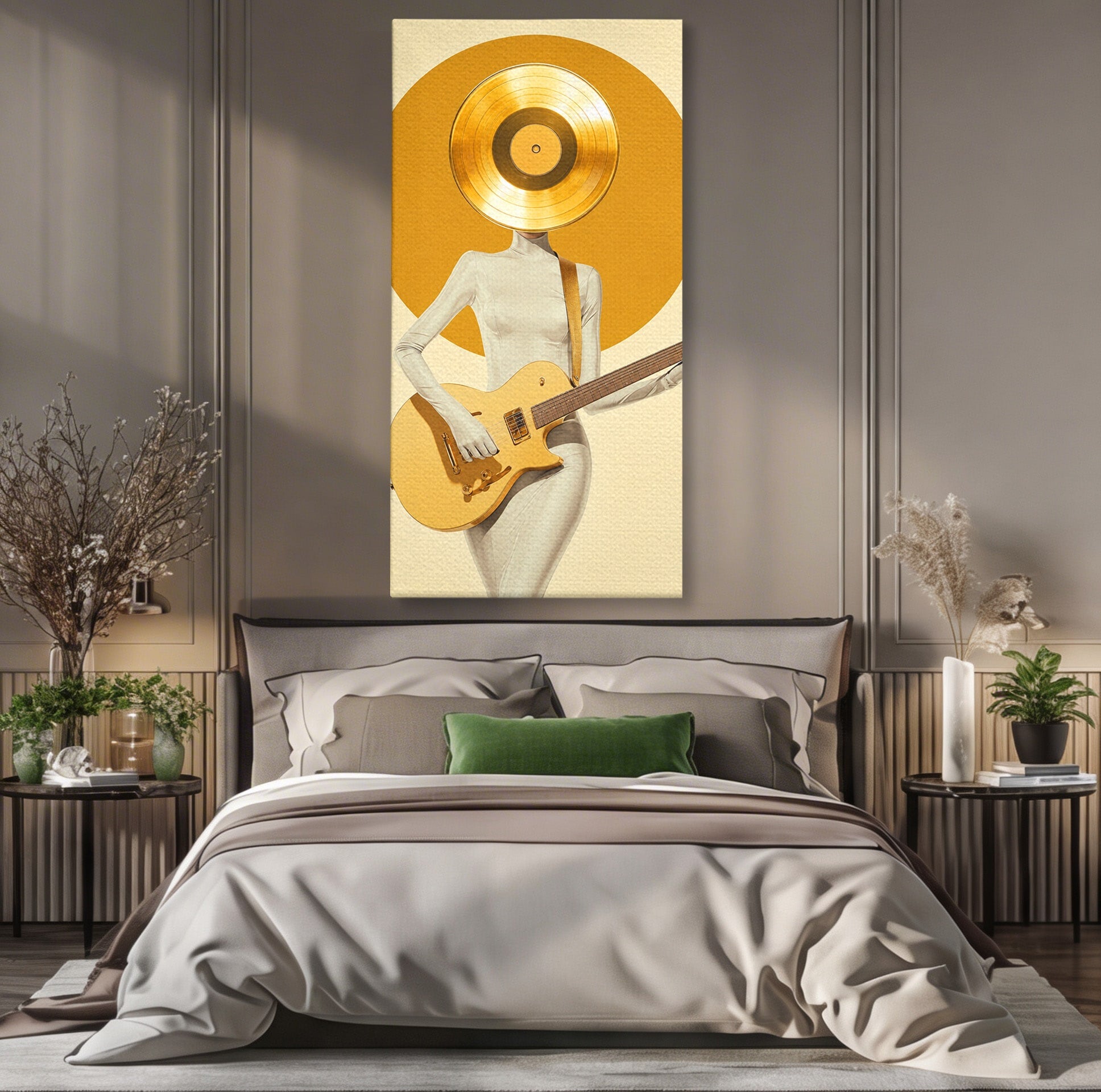 Tablou Canvas Premium LuxCanva® R1034, Figura Cu Chitara De Aur, Figura, Chitara, Arta Moderna, Abstract, Dormitor, Birou, Culori Vibrante