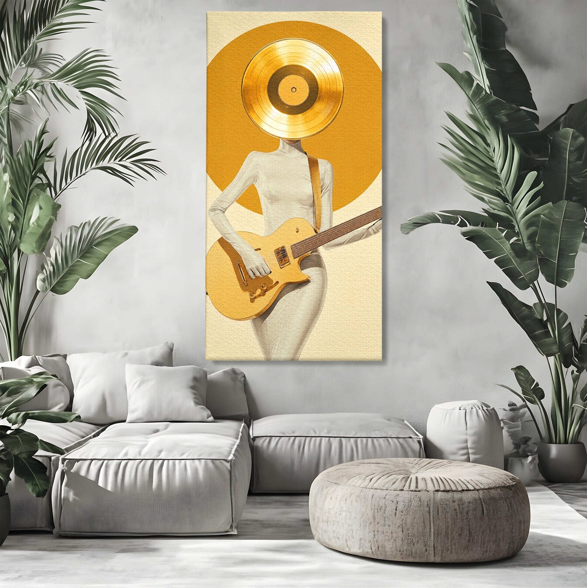 Tablou Canvas Premium LuxCanva® R1034, Figura Cu Chitara De Aur, Figura, Chitara, Arta Moderna, Abstract, Dormitor, Birou, Culori Vibrante