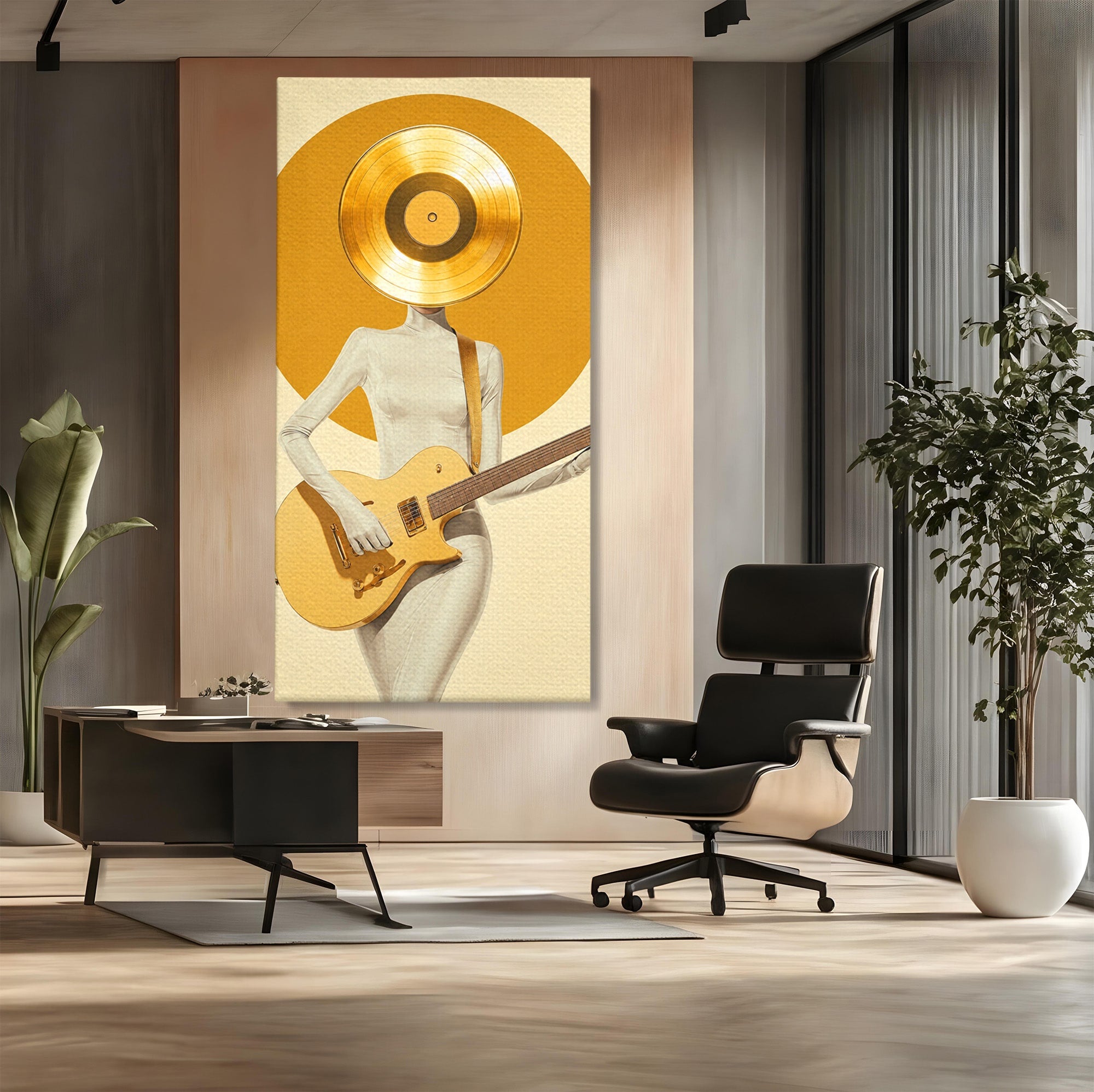 Tablou Canvas Premium LuxCanva® R1034, Figura Cu Chitara De Aur, Figura, Chitara, Arta Moderna, Abstract, Dormitor, Birou, Culori Vibrante