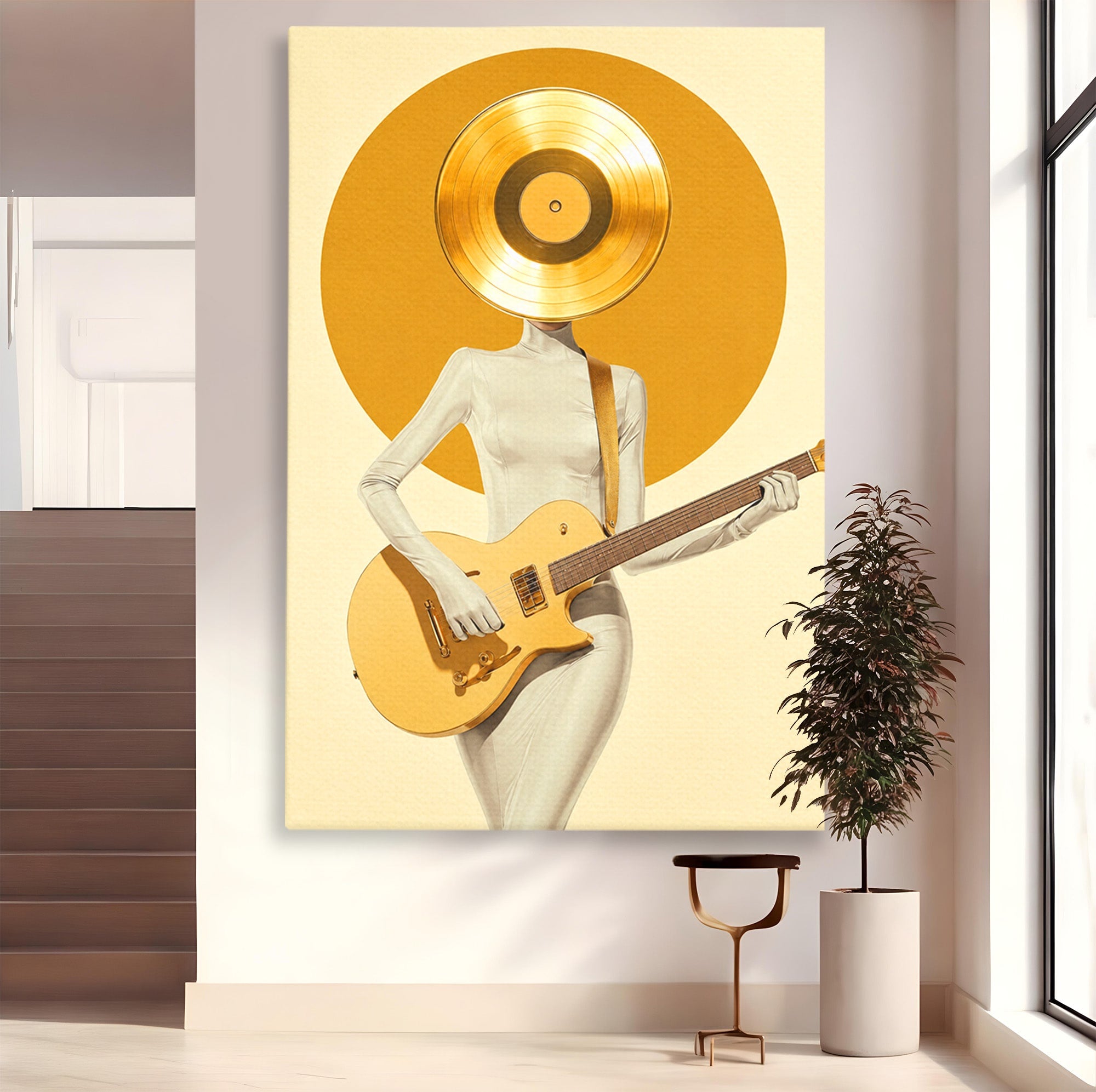 Tablou Canvas Premium LuxCanva® R1034, Figura Cu Chitara De Aur, Figura, Chitara, Arta Moderna, Abstract, Dormitor, Birou, Culori Vibrante