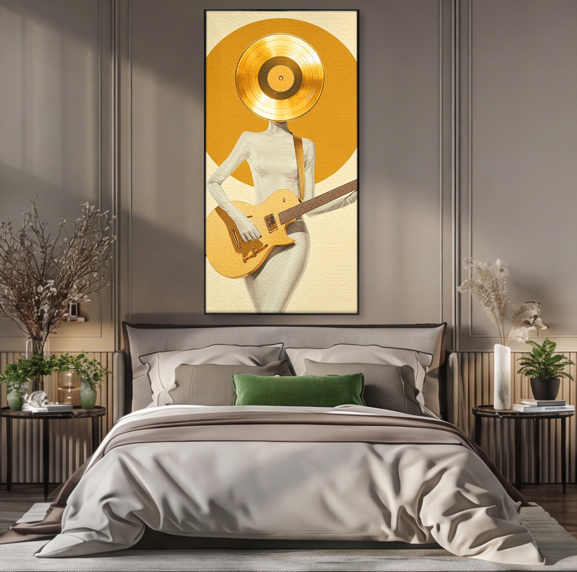 Tablou Canvas Premium LuxCanva® R1034, Figura Cu Chitara De Aur, Figura, Chitara, Arta Moderna, Abstract, Dormitor, Birou, Culori Vibrante