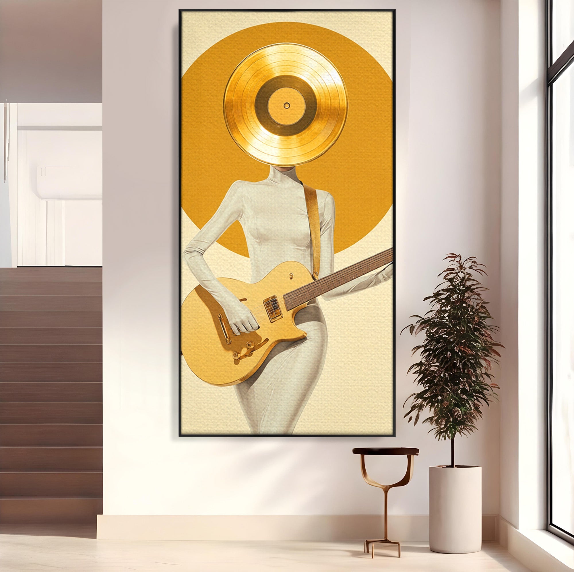 Tablou Canvas Premium LuxCanva® R1034, Figura Cu Chitara De Aur, Figura, Chitara, Arta Moderna, Abstract, Dormitor, Birou, Culori Vibrante