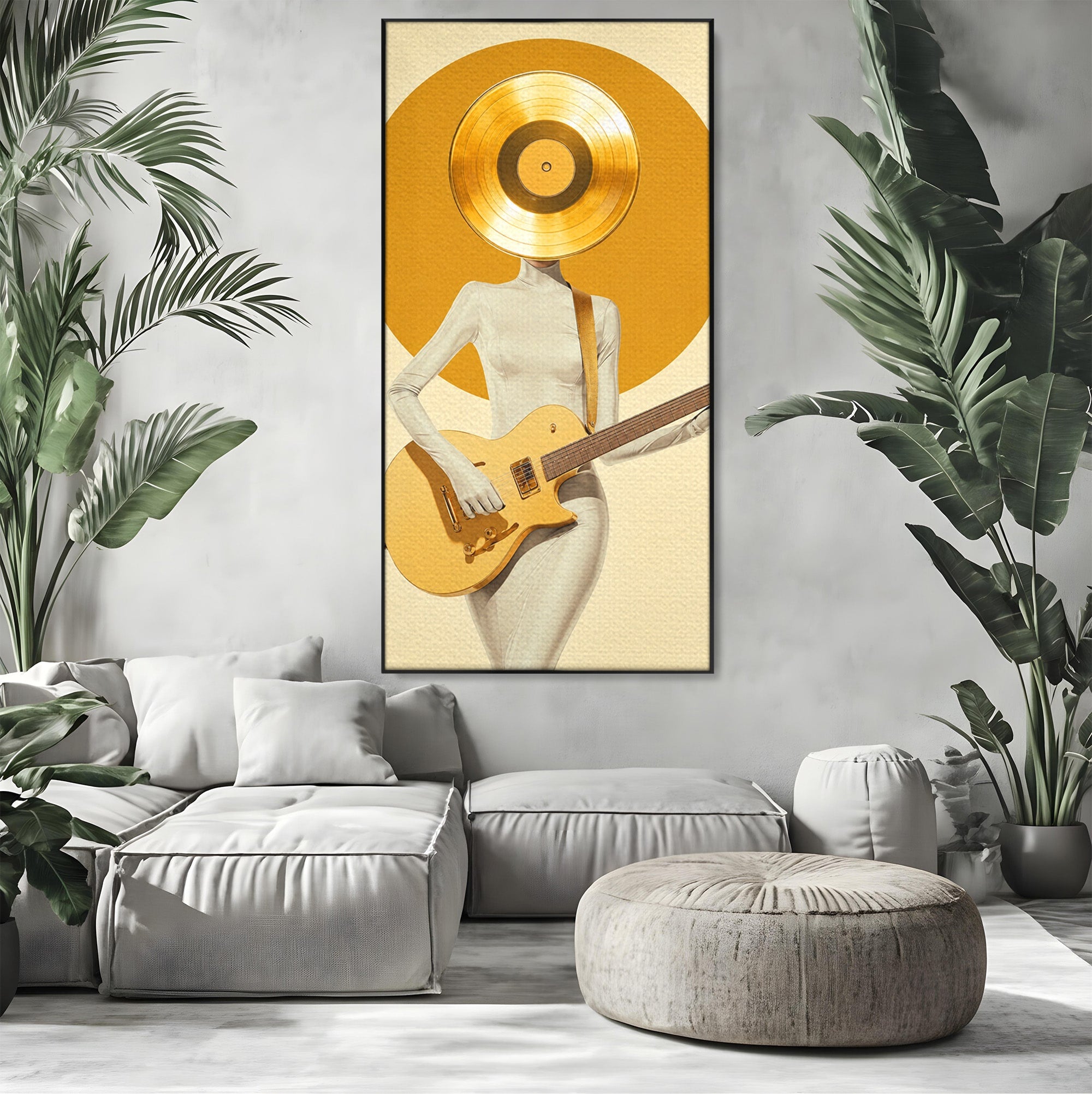 Tablou Canvas Premium LuxCanva® R1034, Figura Cu Chitara De Aur, Figura, Chitara, Arta Moderna, Abstract, Dormitor, Birou, Culori Vibrante