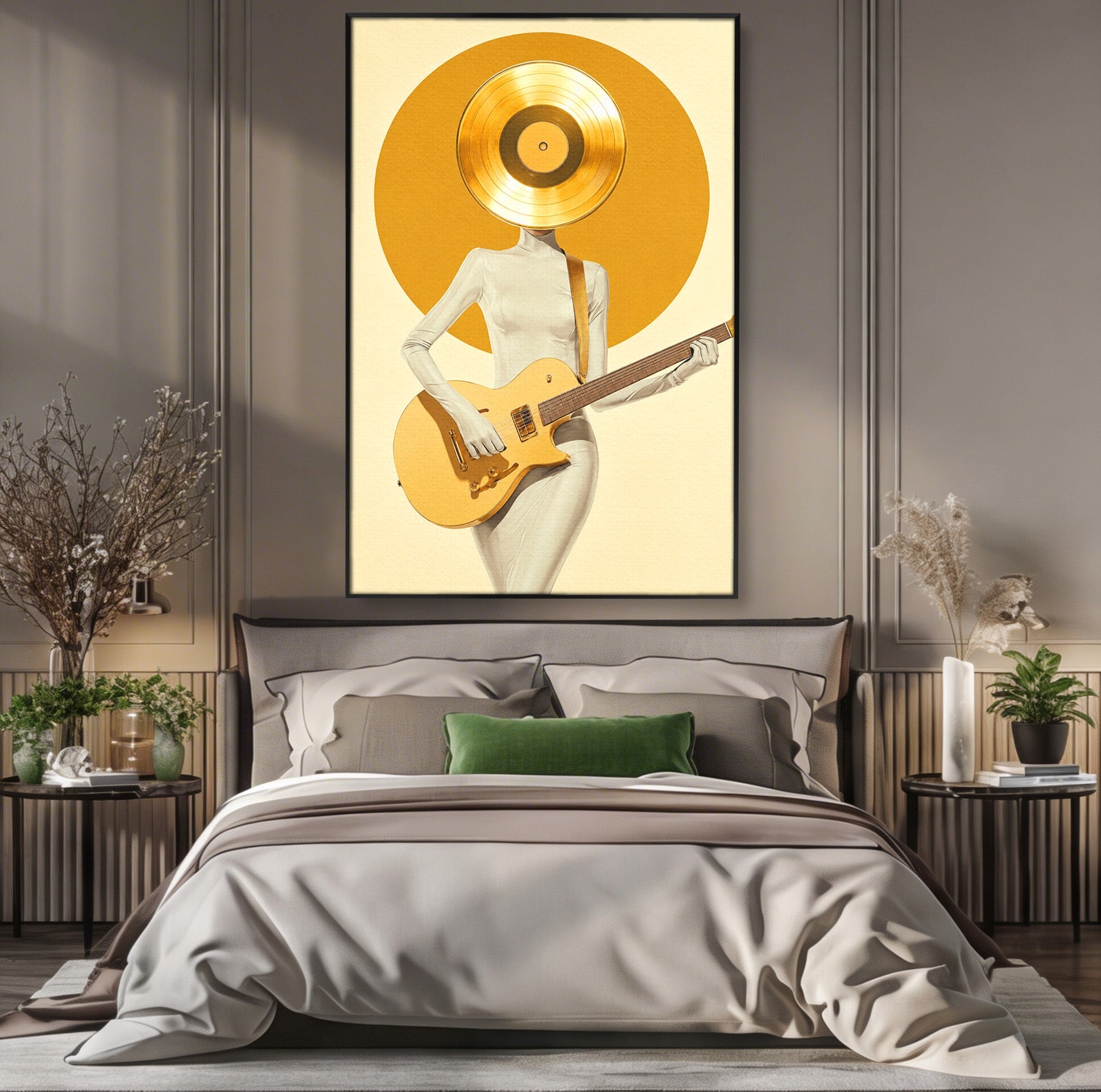 Tablou Canvas Premium LuxCanva® R1034, Figura Cu Chitara De Aur, Figura, Chitara, Arta Moderna, Abstract, Dormitor, Birou, Culori Vibrante