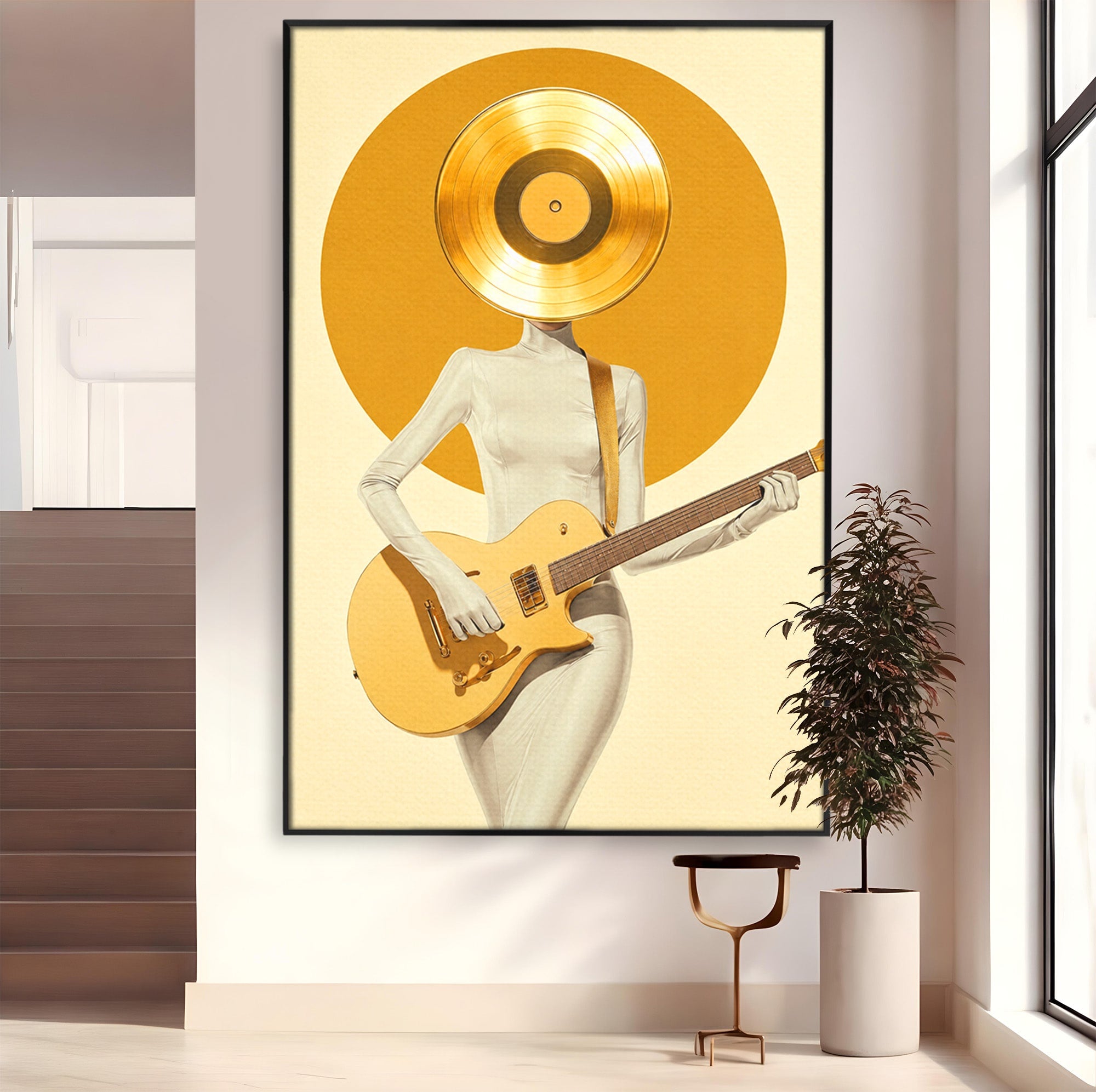 Tablou Canvas Premium LuxCanva® R1034, Figura Cu Chitara De Aur, Figura, Chitara, Arta Moderna, Abstract, Dormitor, Birou, Culori Vibrante