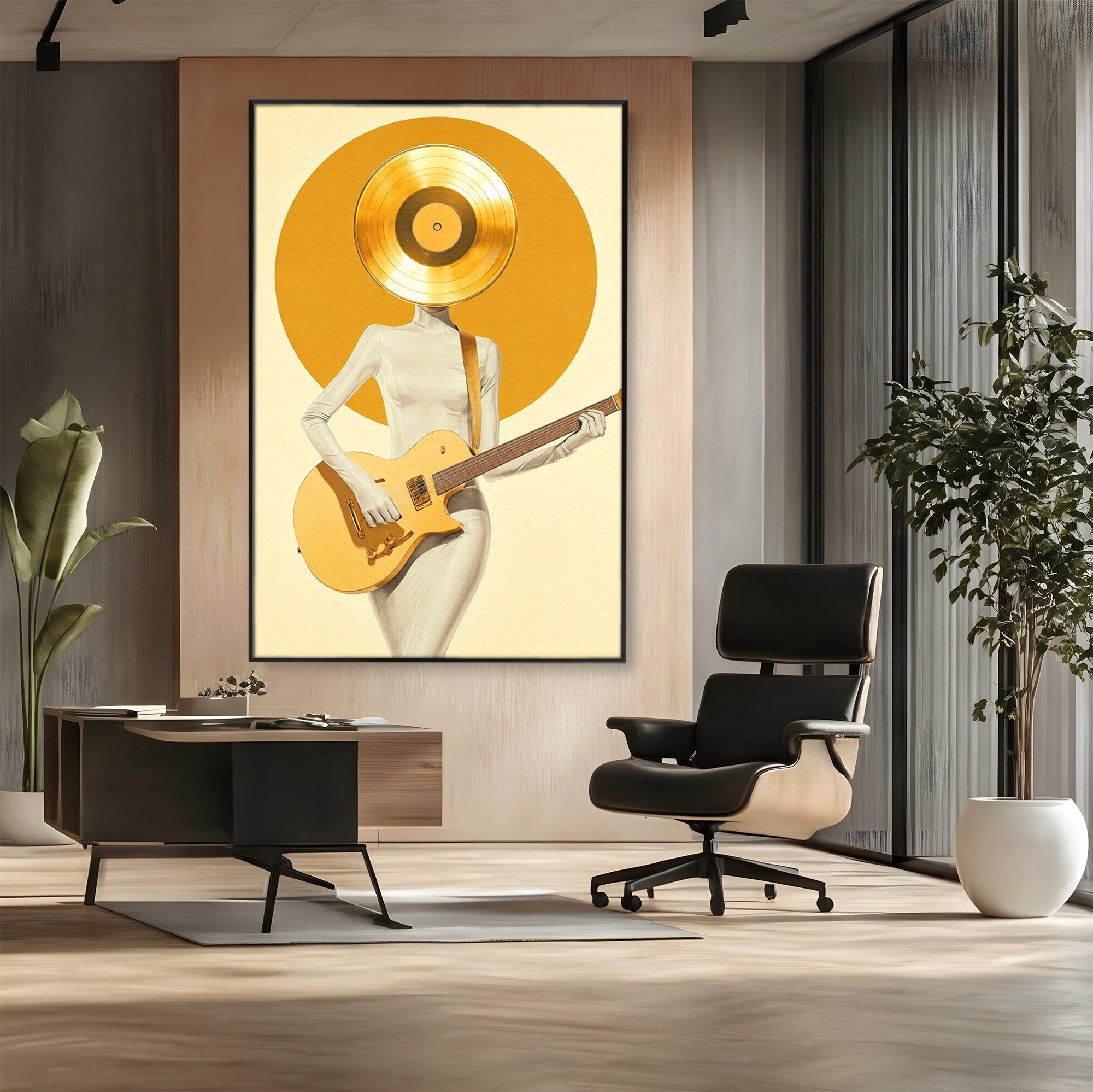 Tablou Canvas Premium LuxCanva® R1034, Figura Cu Chitara De Aur, Figura, Chitara, Arta Moderna, Abstract, Dormitor, Birou, Culori Vibrante