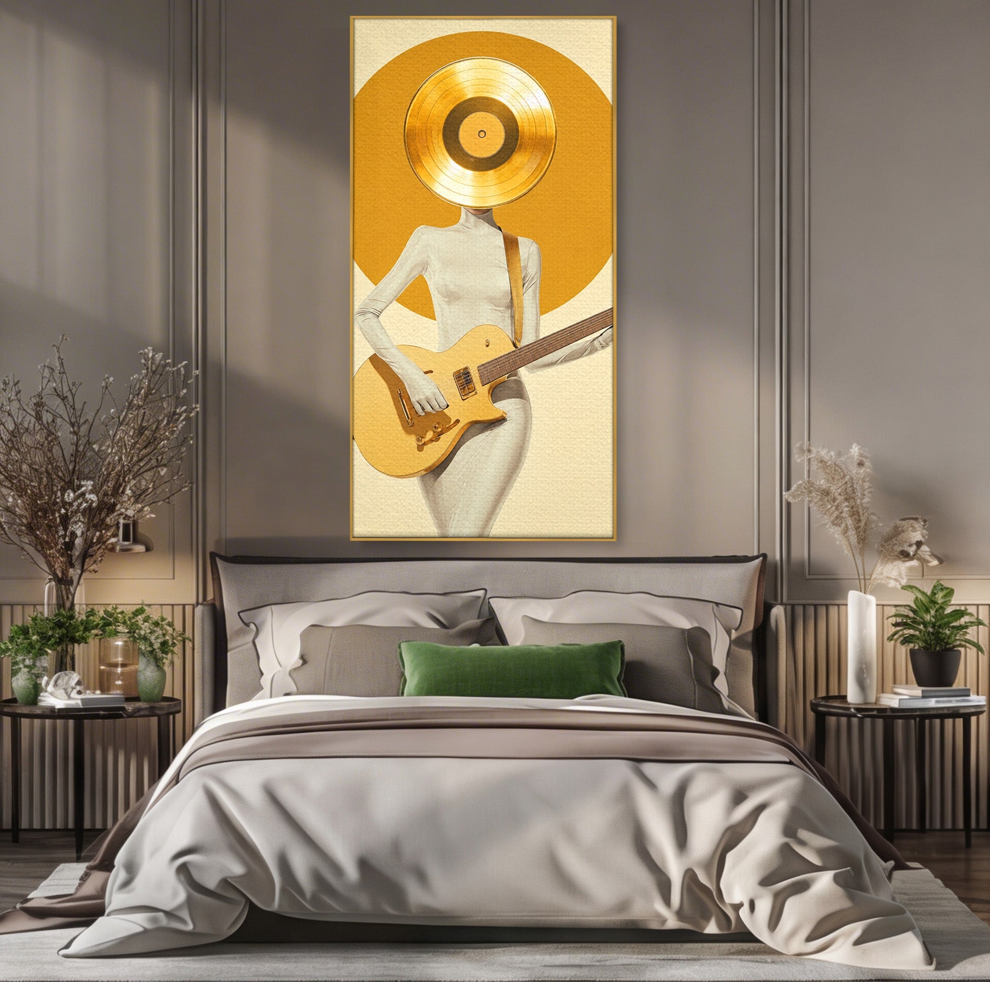 Tablou Canvas Premium LuxCanva® R1034, Figura Cu Chitara De Aur, Figura, Chitara, Arta Moderna, Abstract, Dormitor, Birou, Culori Vibrante