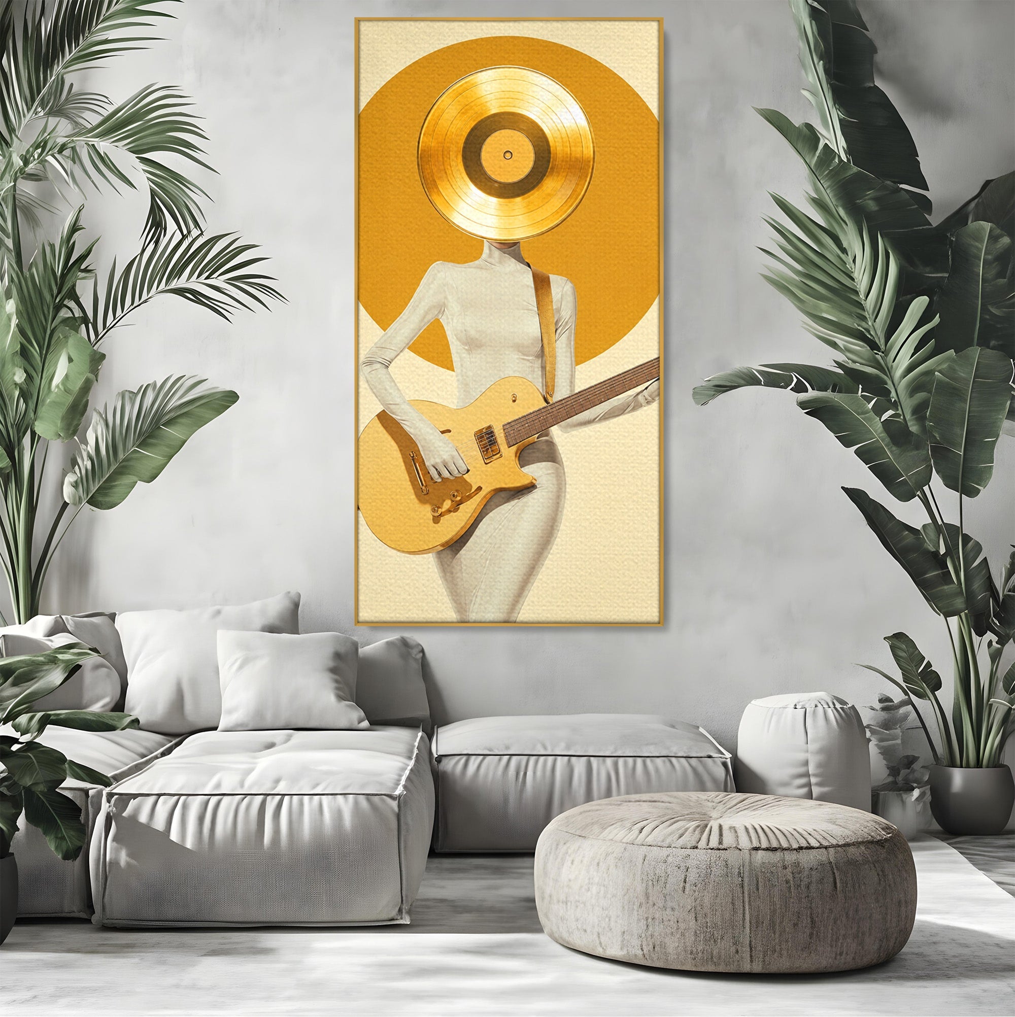 Tablou Canvas Premium LuxCanva® R1034, Figura Cu Chitara De Aur, Figura, Chitara, Arta Moderna, Abstract, Dormitor, Birou, Culori Vibrante