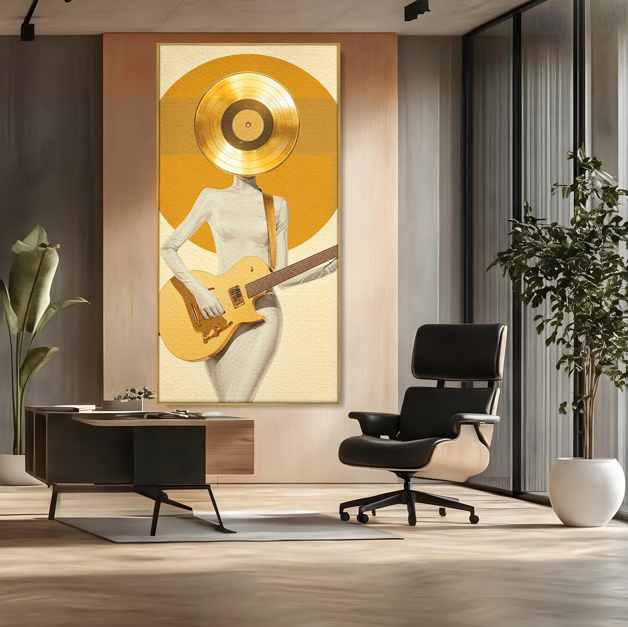 Tablou Canvas Premium LuxCanva® R1034, Figura Cu Chitara De Aur, Figura, Chitara, Arta Moderna, Abstract, Dormitor, Birou, Culori Vibrante