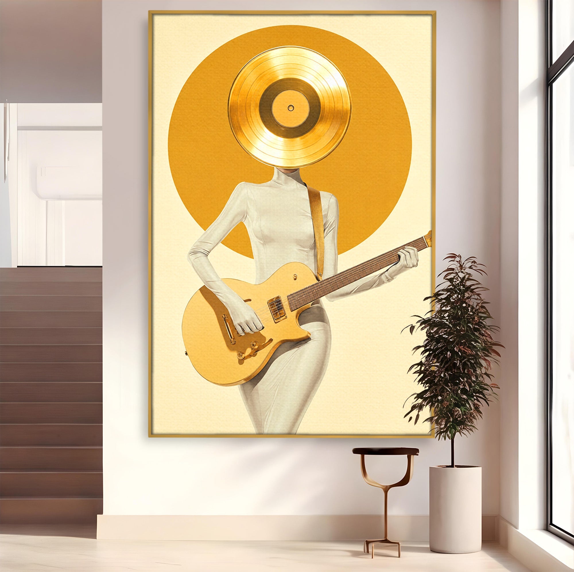 Tablou Canvas Premium LuxCanva® R1034, Figura Cu Chitara De Aur, Figura, Chitara, Arta Moderna, Abstract, Dormitor, Birou, Culori Vibrante