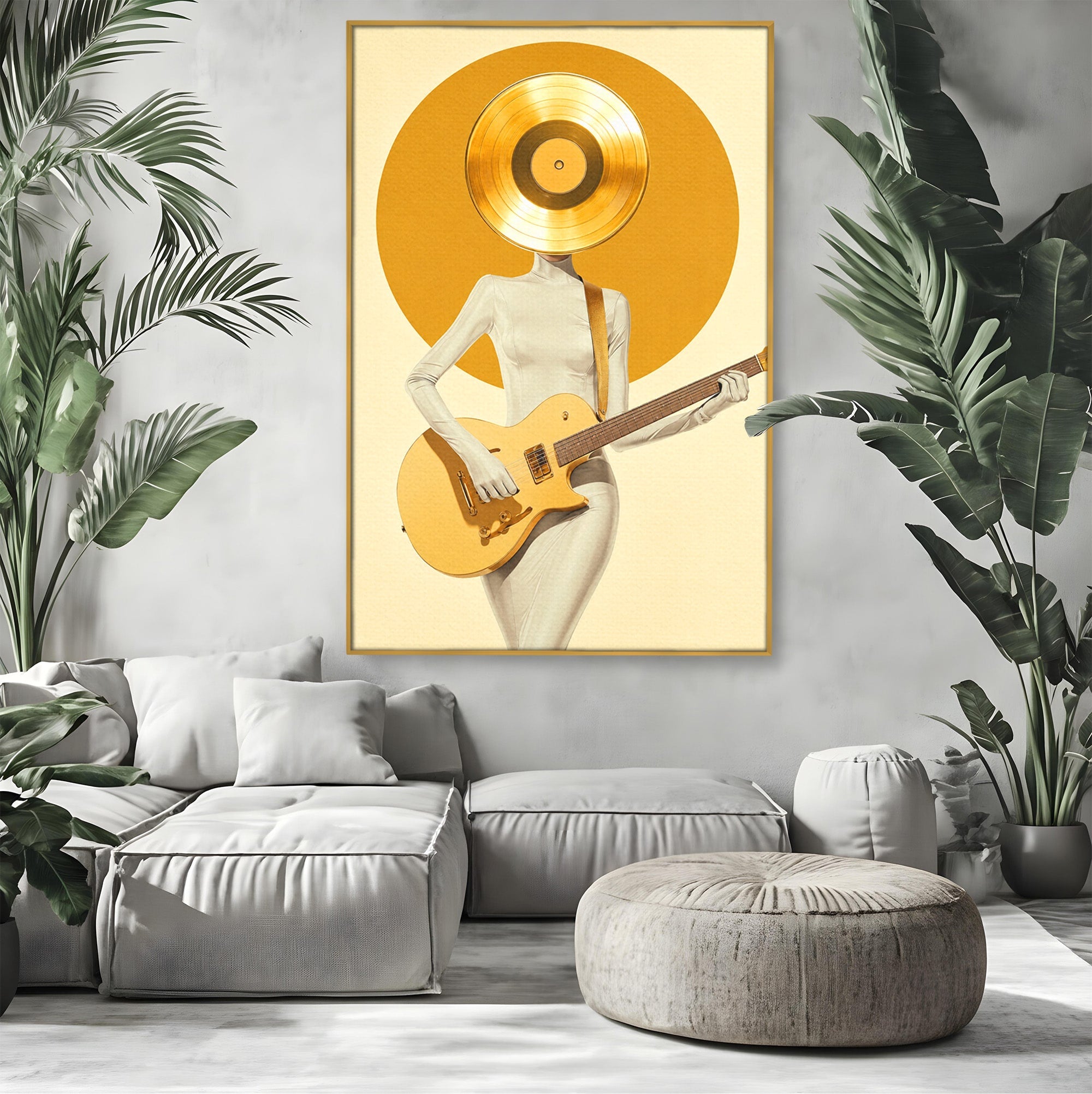 Tablou Canvas Premium LuxCanva® R1034, Figura Cu Chitara De Aur, Figura, Chitara, Arta Moderna, Abstract, Dormitor, Birou, Culori Vibrante