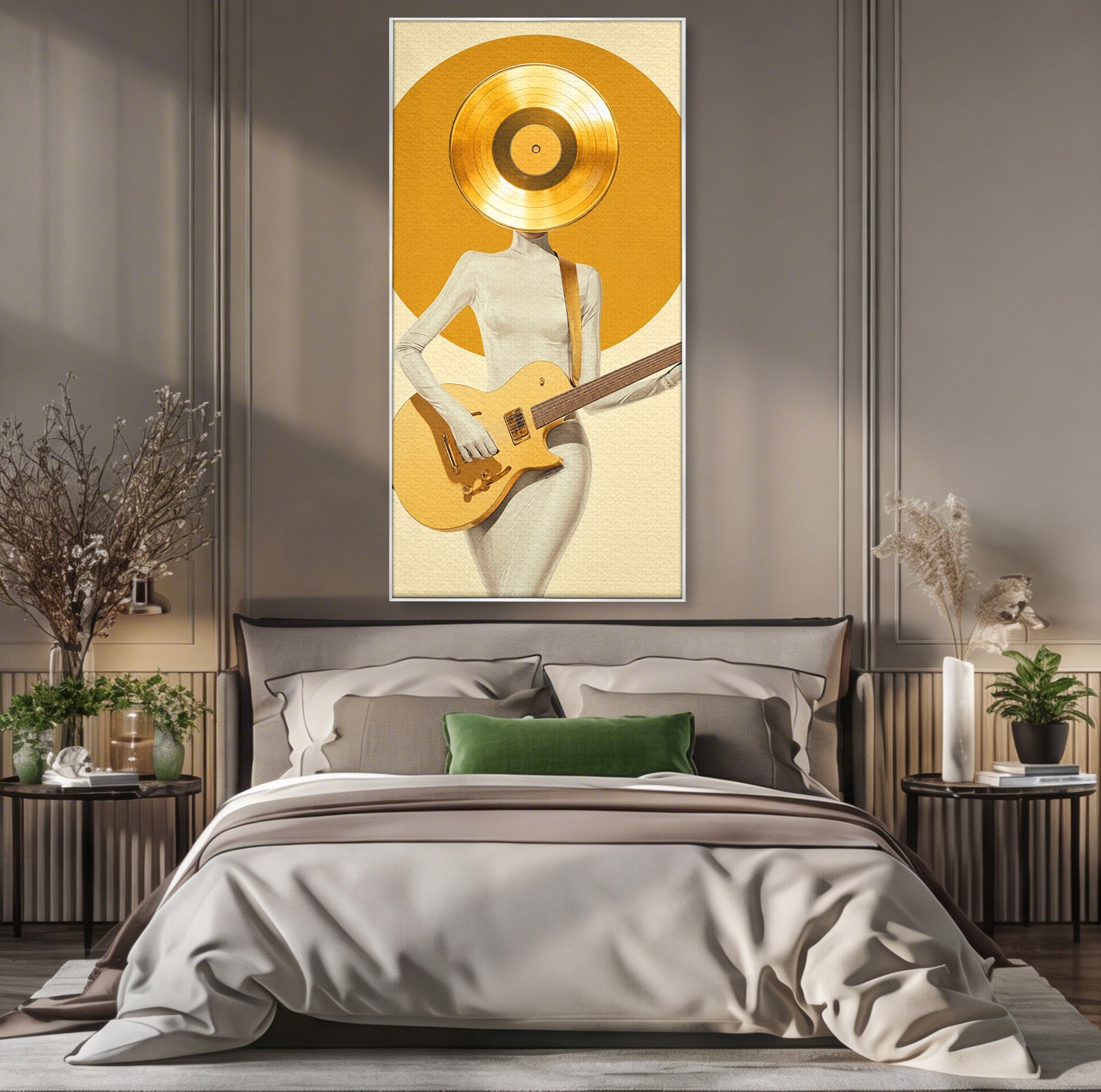 Tablou Canvas Premium LuxCanva® R1034, Figura Cu Chitara De Aur, Figura, Chitara, Arta Moderna, Abstract, Dormitor, Birou, Culori Vibrante