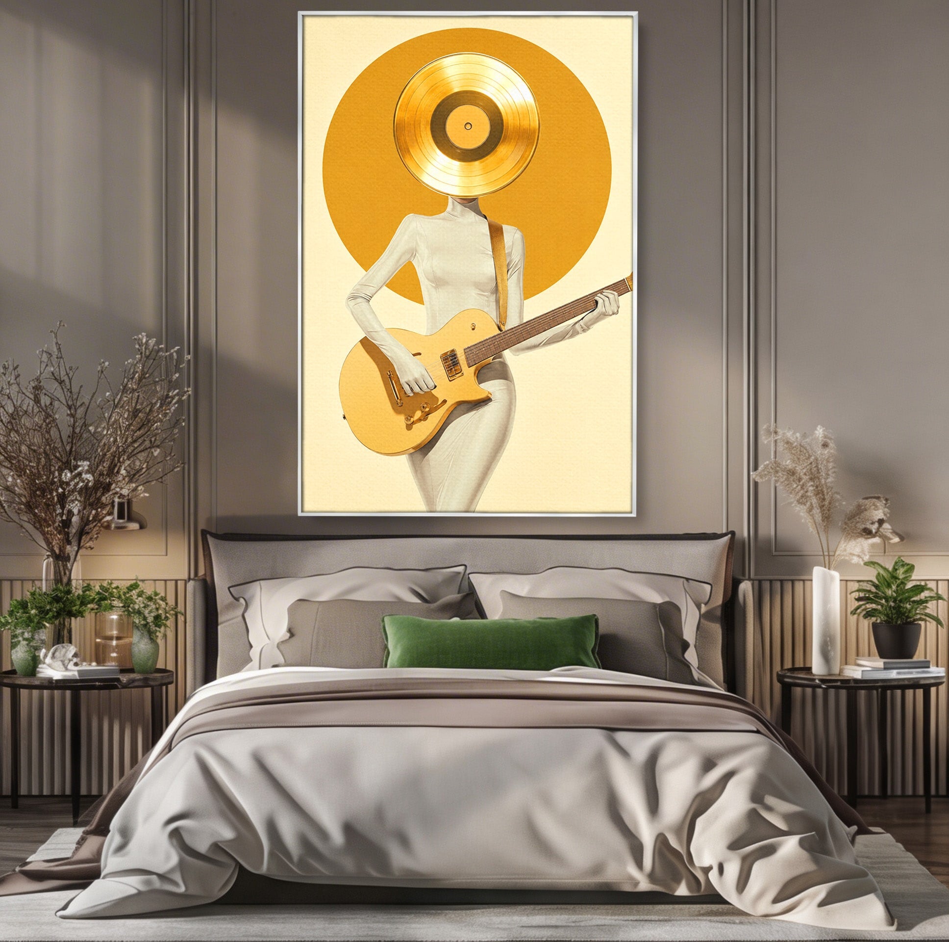 Tablou Canvas Premium LuxCanva® R1034, Figura Cu Chitara De Aur, Figura, Chitara, Arta Moderna, Abstract, Dormitor, Birou, Culori Vibrante