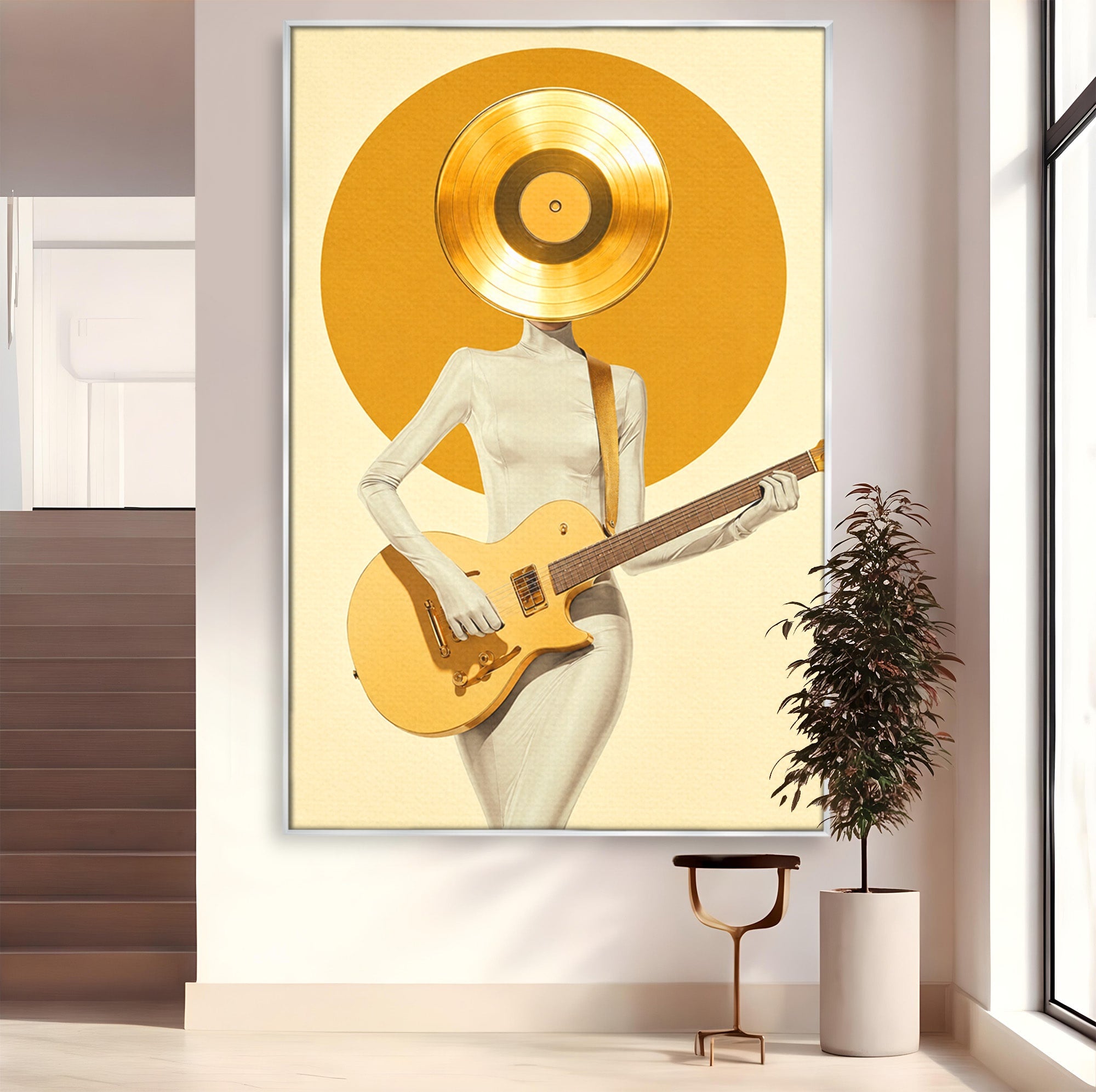Tablou Canvas Premium LuxCanva® R1034, Figura Cu Chitara De Aur, Figura, Chitara, Arta Moderna, Abstract, Dormitor, Birou, Culori Vibrante