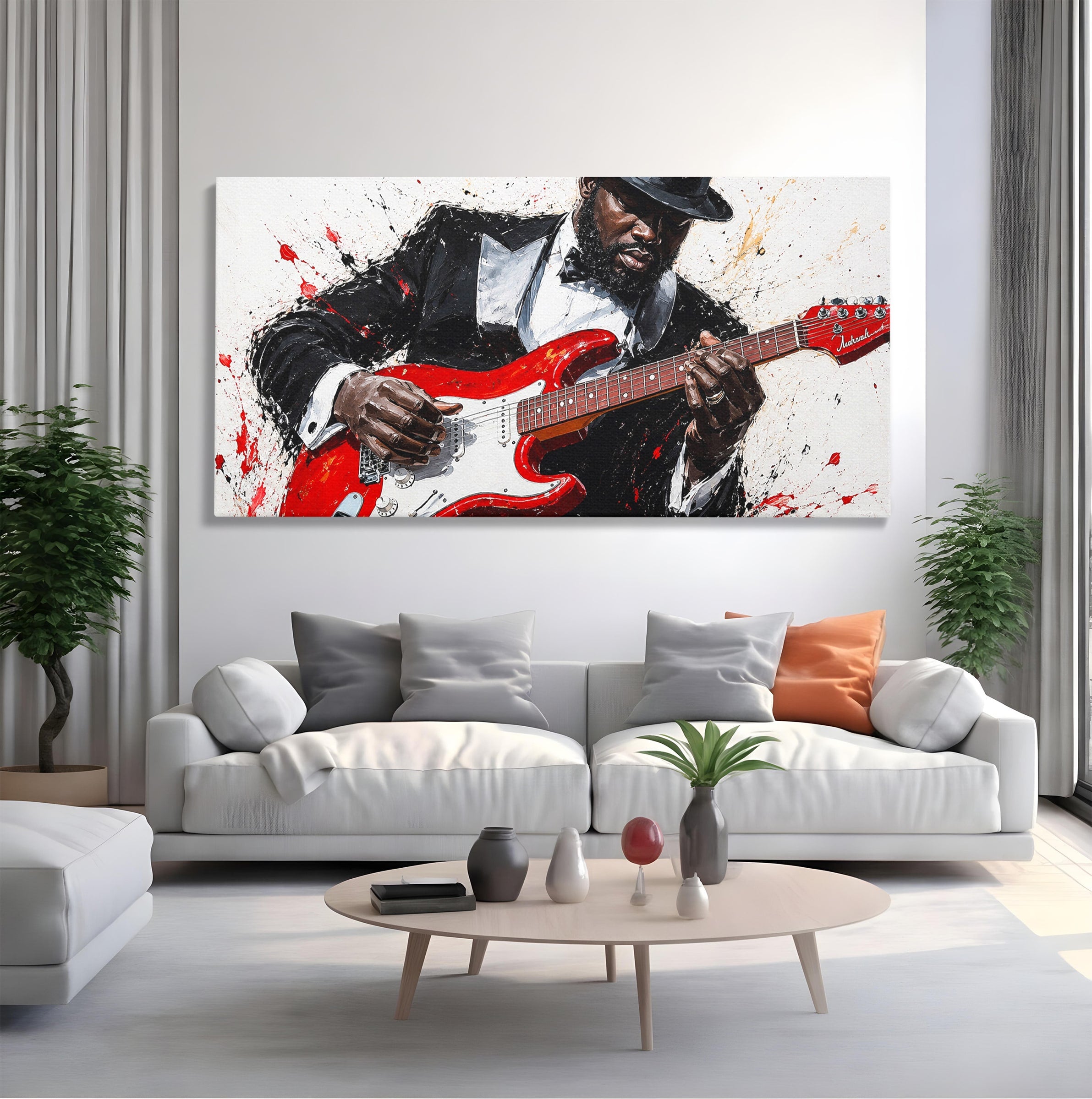 Tablou Canvas Premium LuxCanva® R1035, Chitaristul Elegant, Chitara, Muzician, Portret, Living, Eleganta, Culori Vibrante
