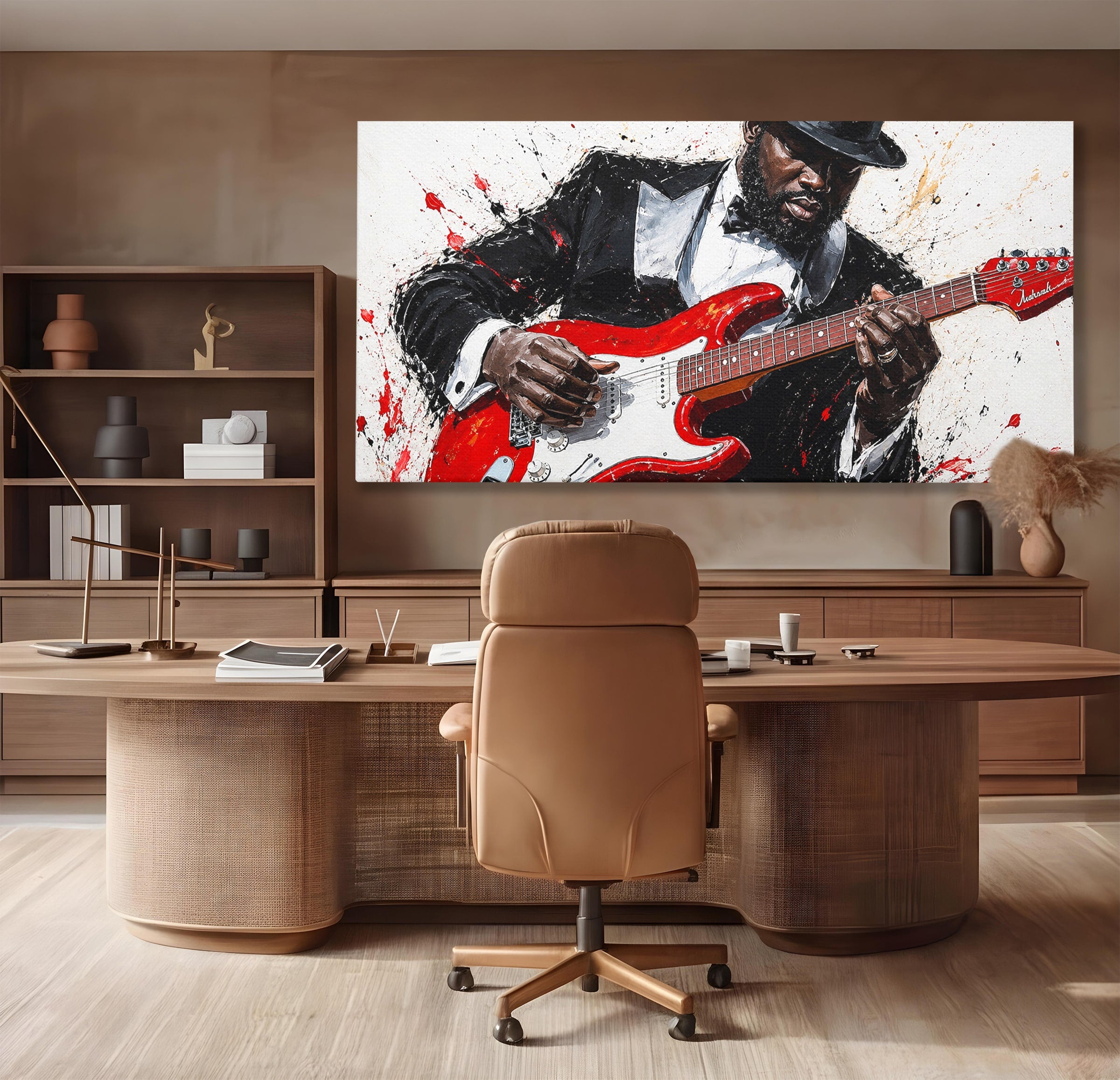 Tablou Canvas Premium LuxCanva® R1035, Chitaristul Elegant, Chitara, Muzician, Portret, Living, Eleganta, Culori Vibrante