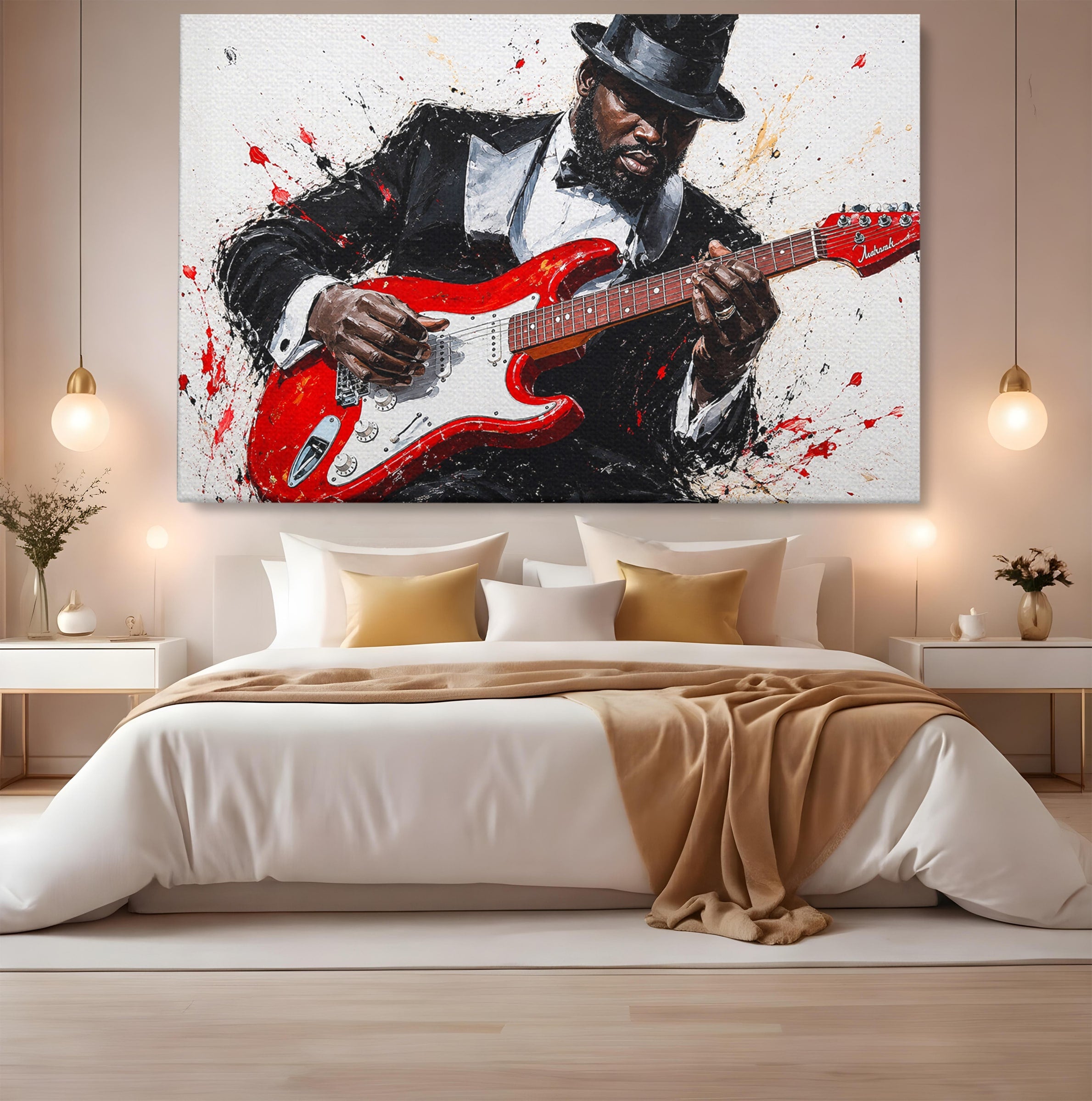 Tablou Canvas Premium LuxCanva® R1035, Chitaristul Elegant, Chitara, Muzician, Portret, Living, Eleganta, Culori Vibrante
