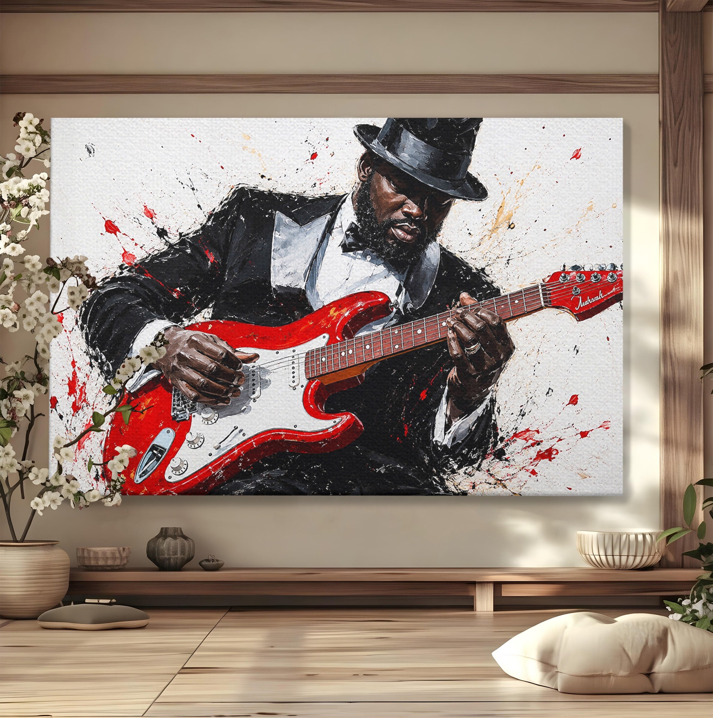Tablou Canvas Premium LuxCanva® R1035, Chitaristul Elegant, Chitara, Muzician, Portret, Living, Eleganta, Culori Vibrante