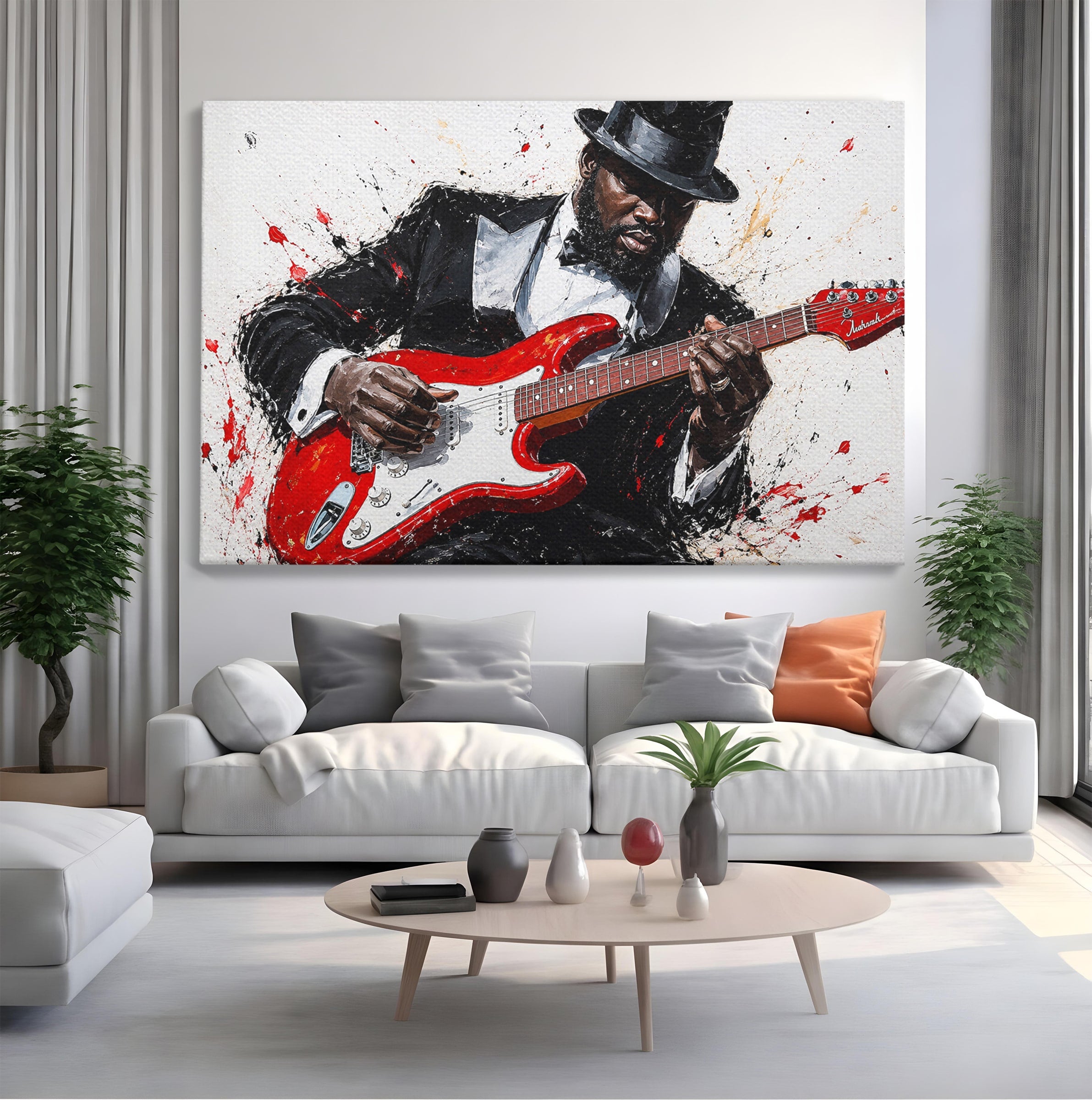 Tablou Canvas Premium LuxCanva® R1035, Chitaristul Elegant, Chitara, Muzician, Portret, Living, Eleganta, Culori Vibrante