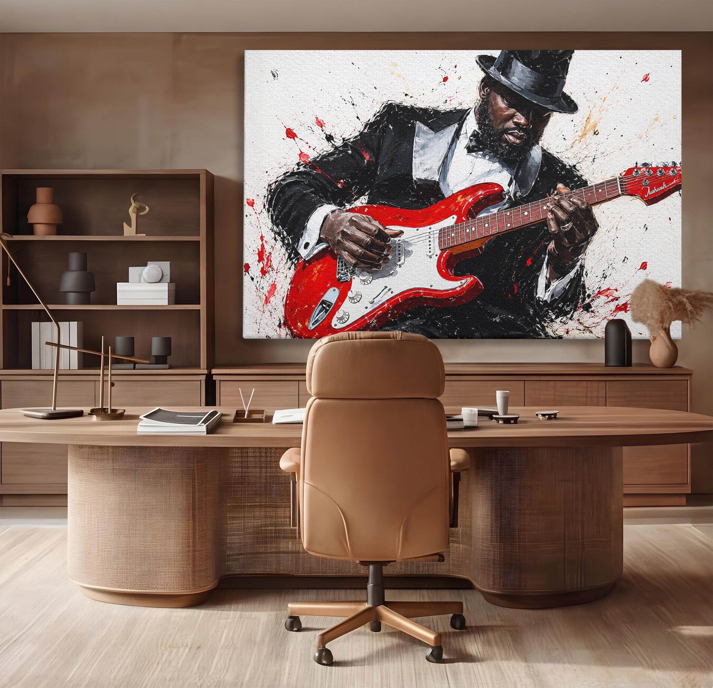 Tablou Canvas Premium LuxCanva® R1035, Chitaristul Elegant, Chitara, Muzician, Portret, Living, Eleganta, Culori Vibrante