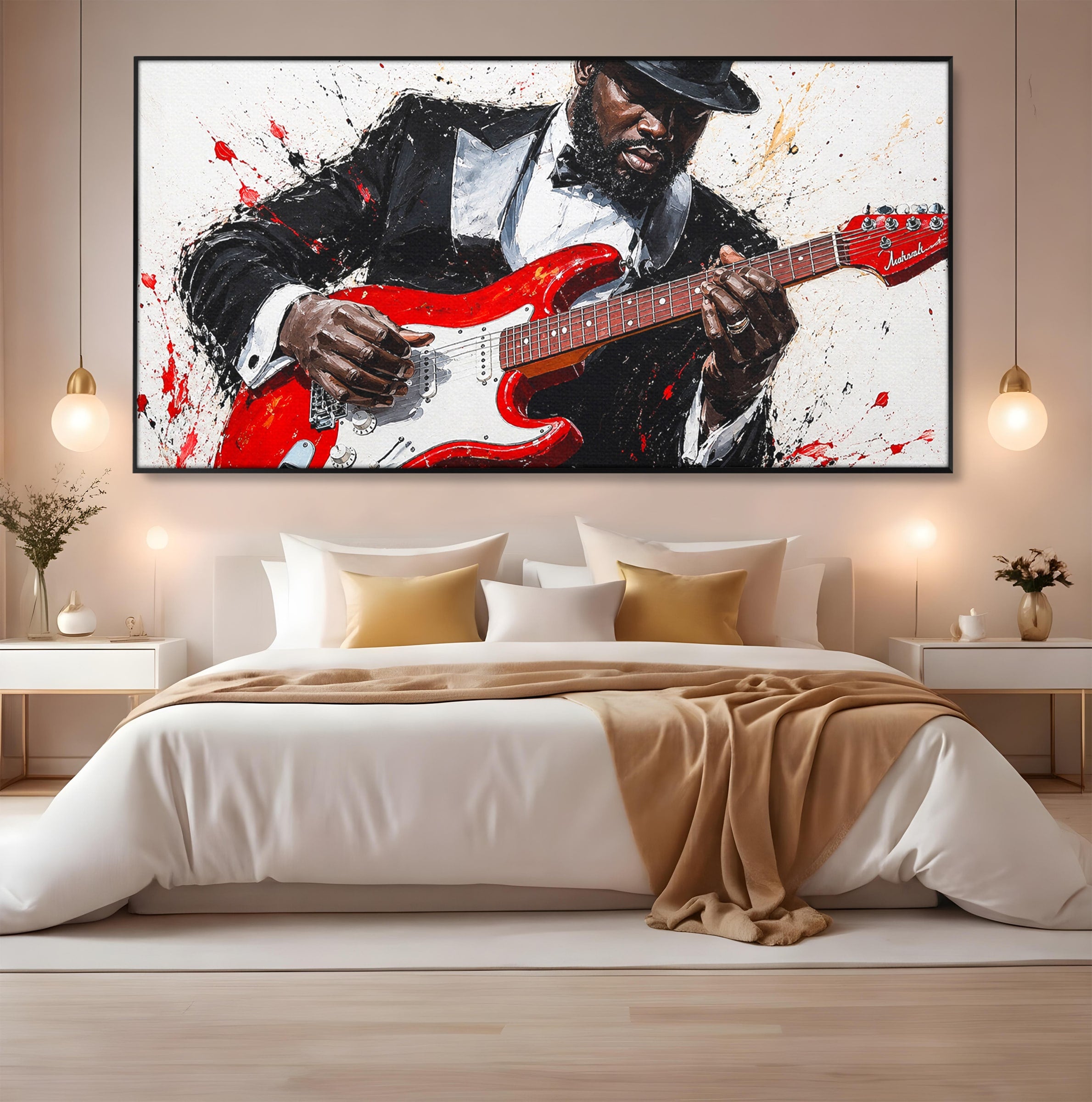 Tablou Canvas Premium LuxCanva® R1035, Chitaristul Elegant, Chitara, Muzician, Portret, Living, Eleganta, Culori Vibrante