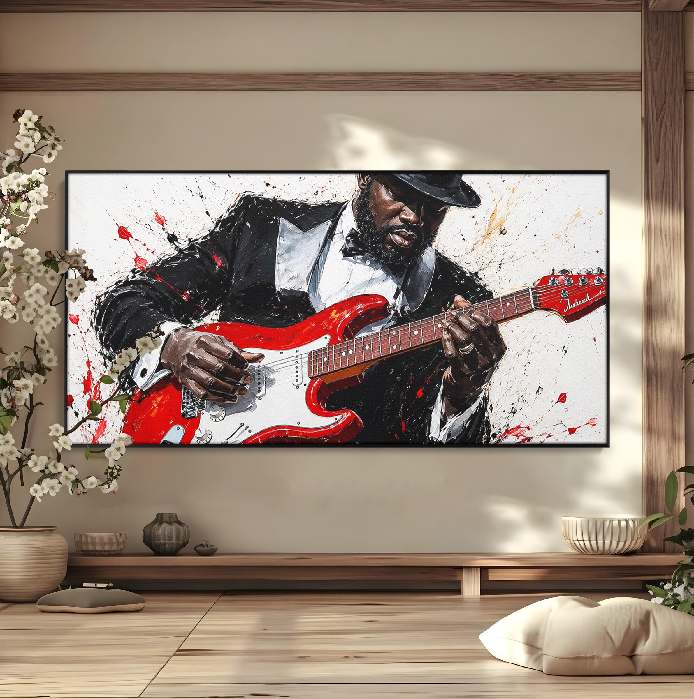 Tablou Canvas Premium LuxCanva® R1035, Chitaristul Elegant, Chitara, Muzician, Portret, Living, Eleganta, Culori Vibrante