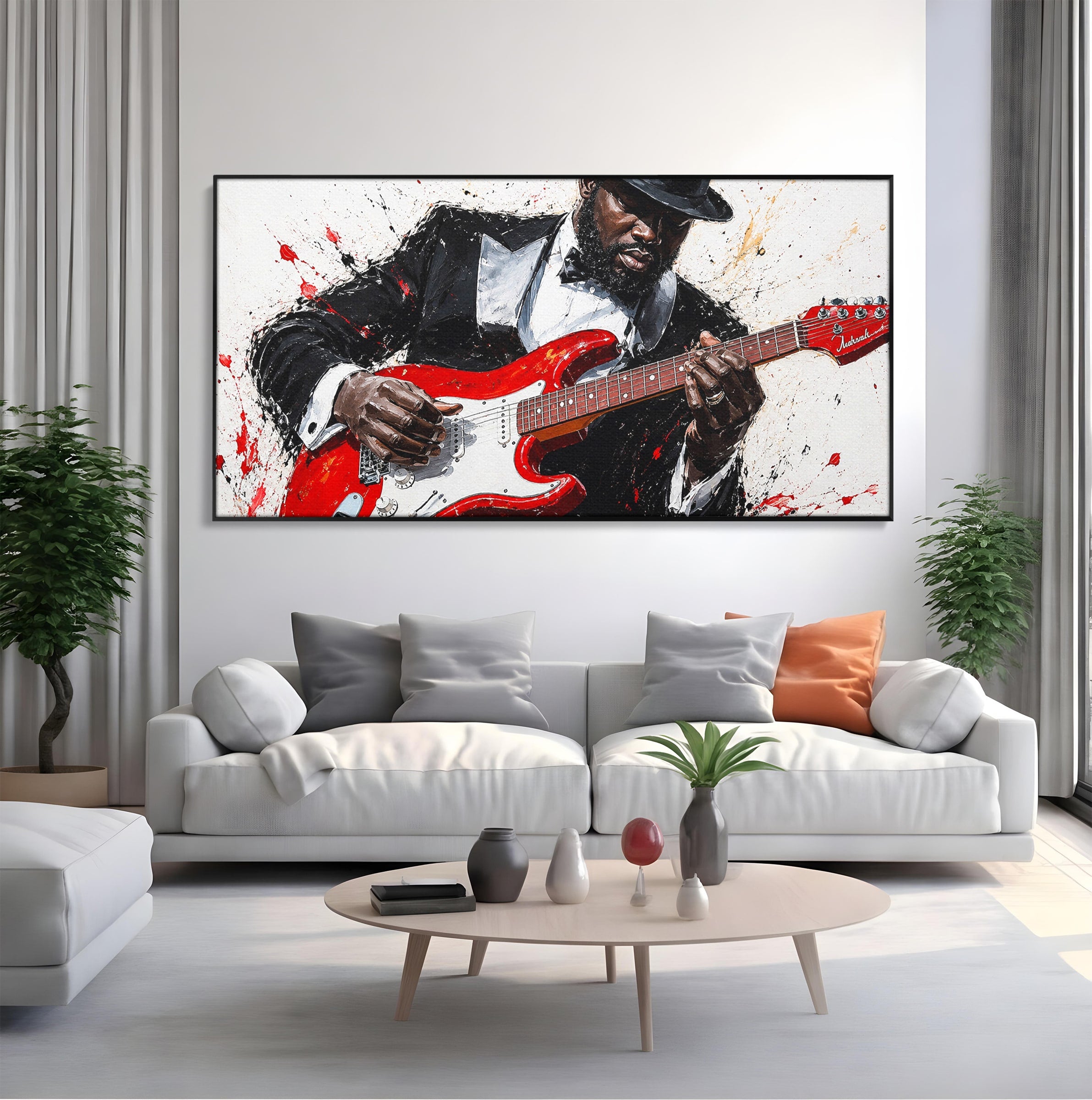 Tablou Canvas Premium LuxCanva® R1035, Chitaristul Elegant, Chitara, Muzician, Portret, Living, Eleganta, Culori Vibrante