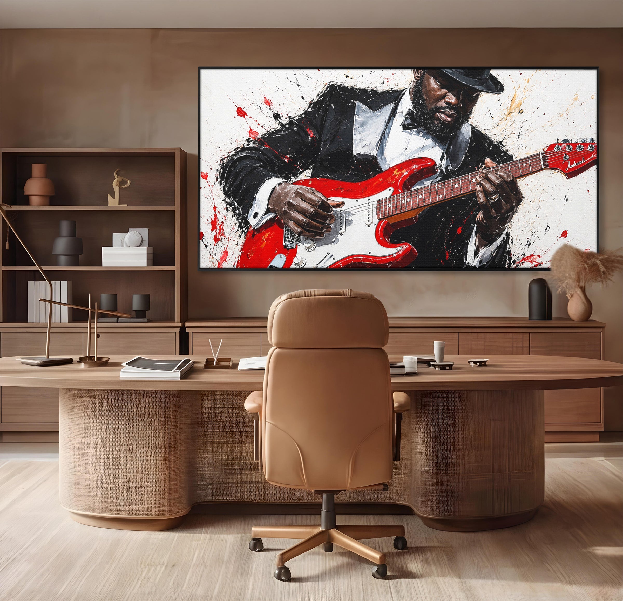 Tablou Canvas Premium LuxCanva® R1035, Chitaristul Elegant, Chitara, Muzician, Portret, Living, Eleganta, Culori Vibrante