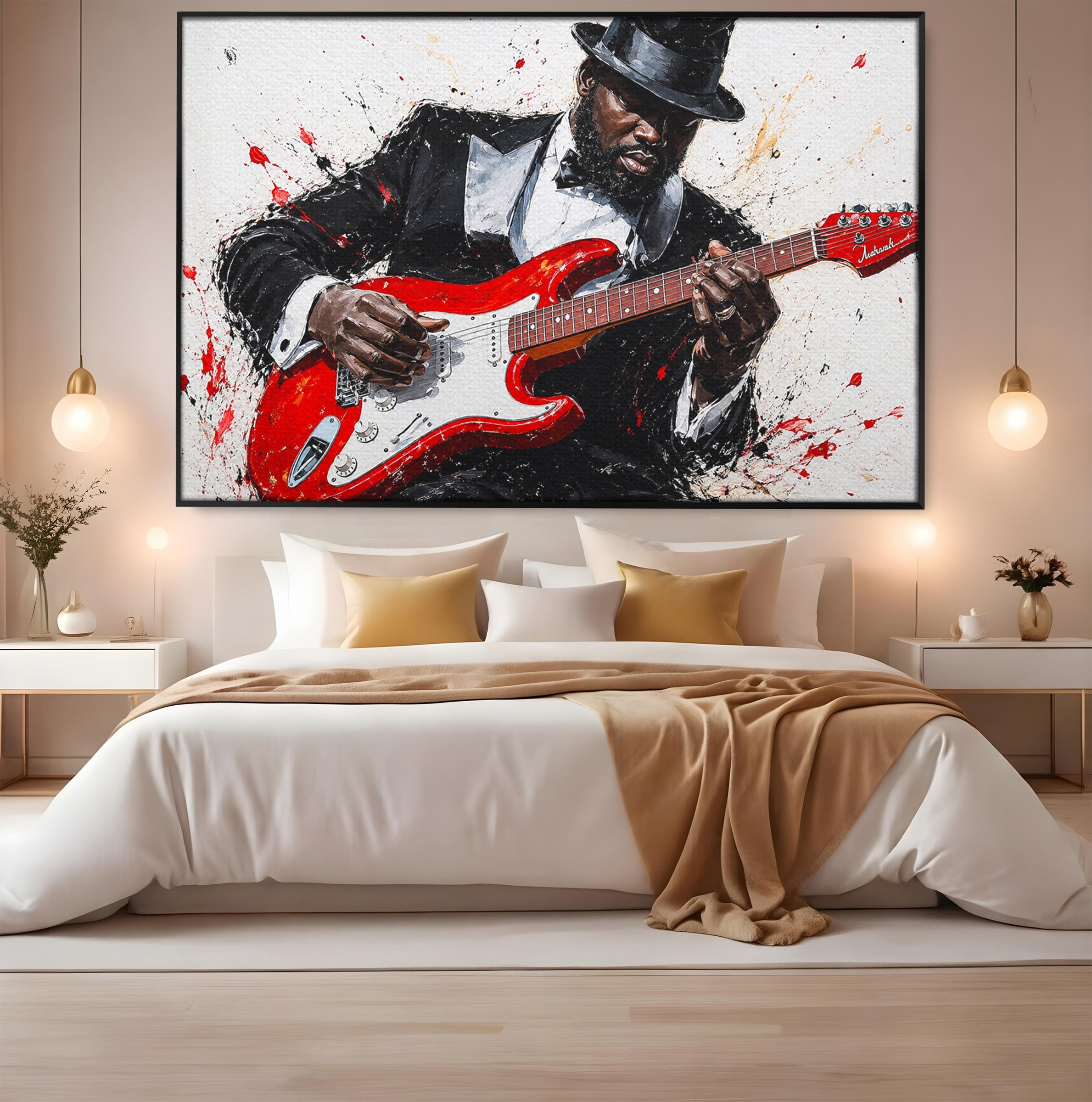 Tablou Canvas Premium LuxCanva® R1035, Chitaristul Elegant, Chitara, Muzician, Portret, Living, Eleganta, Culori Vibrante