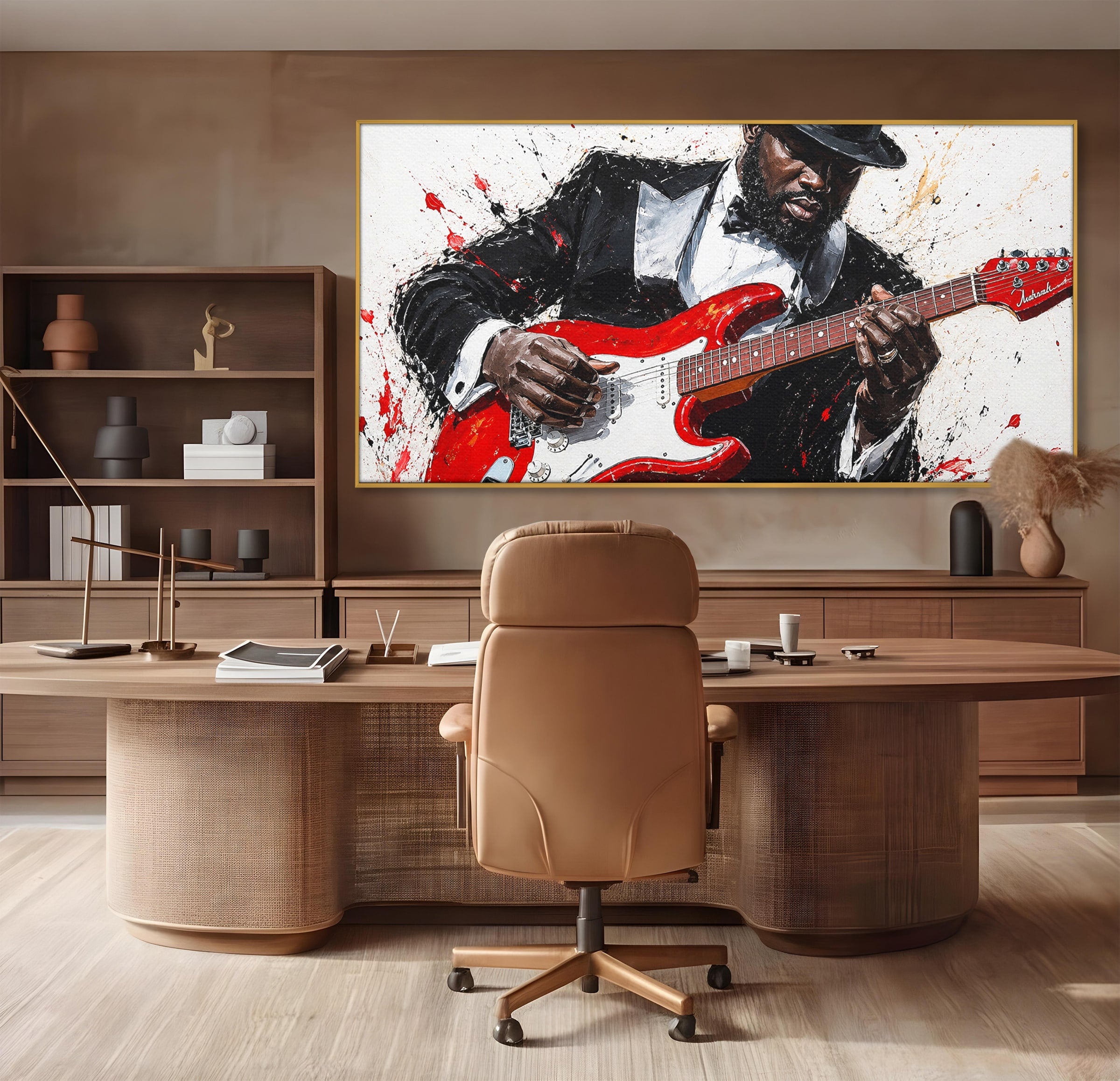Tablou Canvas Premium LuxCanva® R1035, Chitaristul Elegant, Chitara, Muzician, Portret, Living, Eleganta, Culori Vibrante